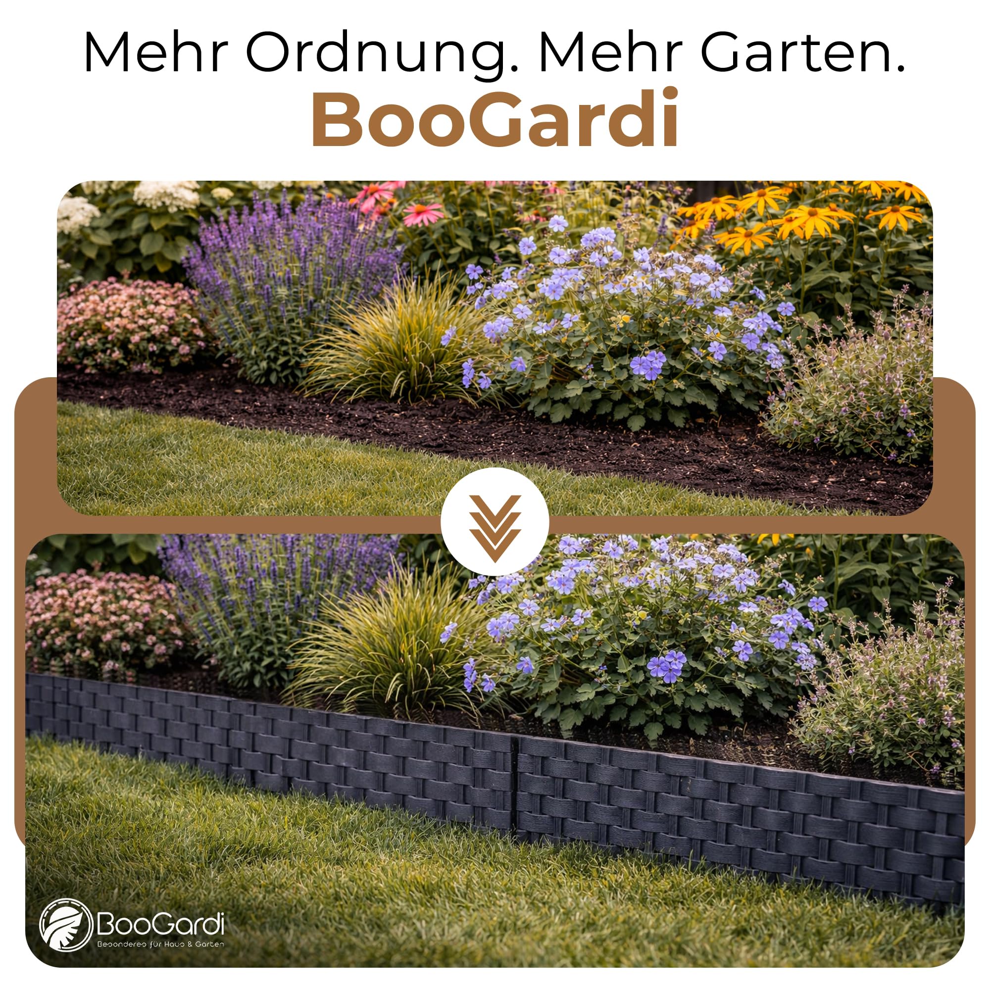 BOOGARDI Beeteinfassung Rattan-Optik · 8m Rasenkante Kunststoff Anthrazit · Beetbegrenzung in 4 Farben · Palisade Beetumrandung für Beet & Garten · Rasenkanten Beetabgrenzung Blumenbeet Umrandung