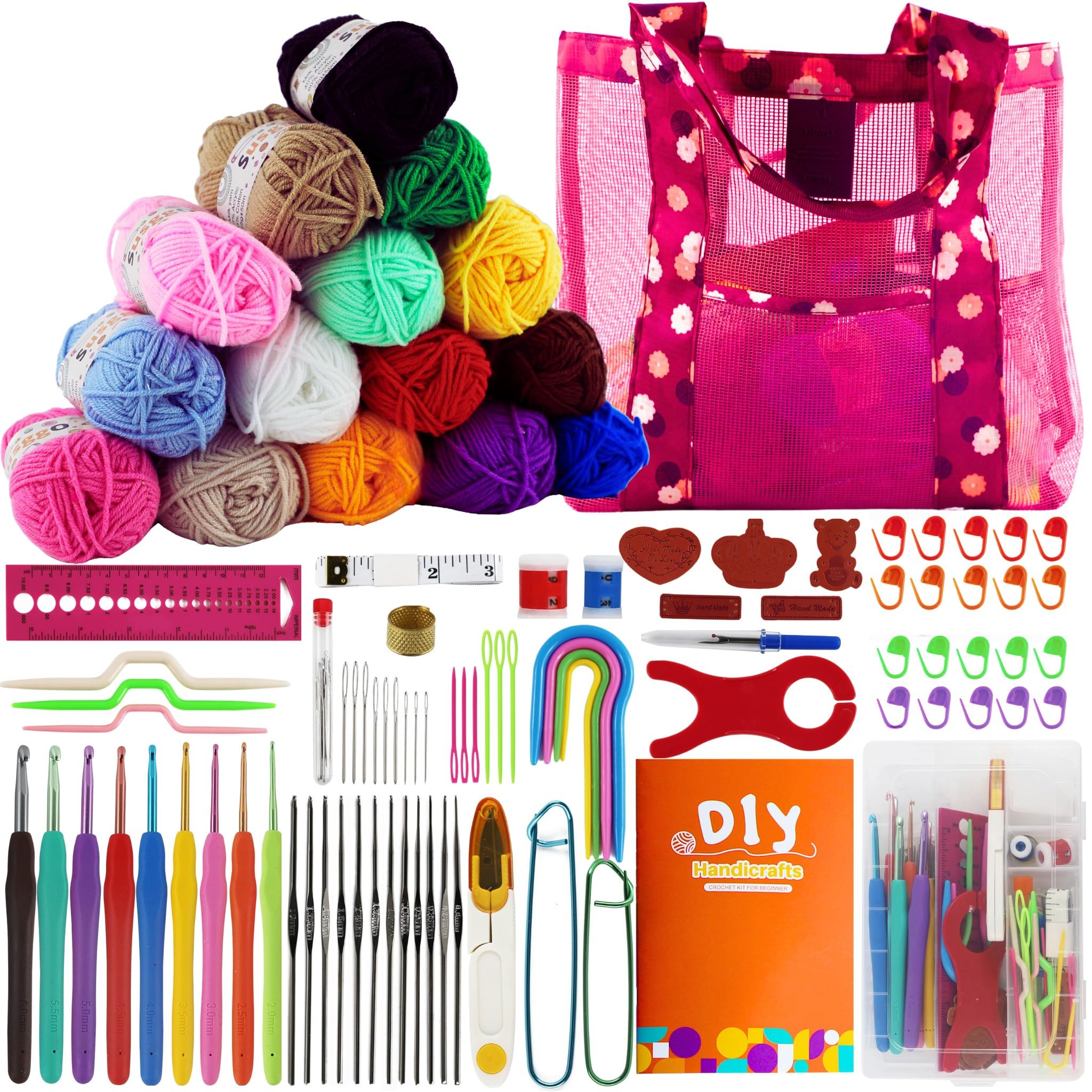 SusggO 95 Piezas Kit Crochet Kit Principiantes Completo Crochet Set Amigurumi – 15 Ovillos Algodon de Leche Agujas Crochet Accesorios Manual y Bolso - Kit Ganchillo Completo DIY
