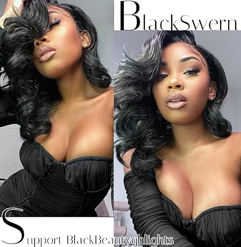 Miniatura 7 de BlackSwern - Peluca de encaje frontal de 14 pulgadas con cuerpo ondulado de encaje HD, pelucas sin pegamento de cabello humano preestilizadas y