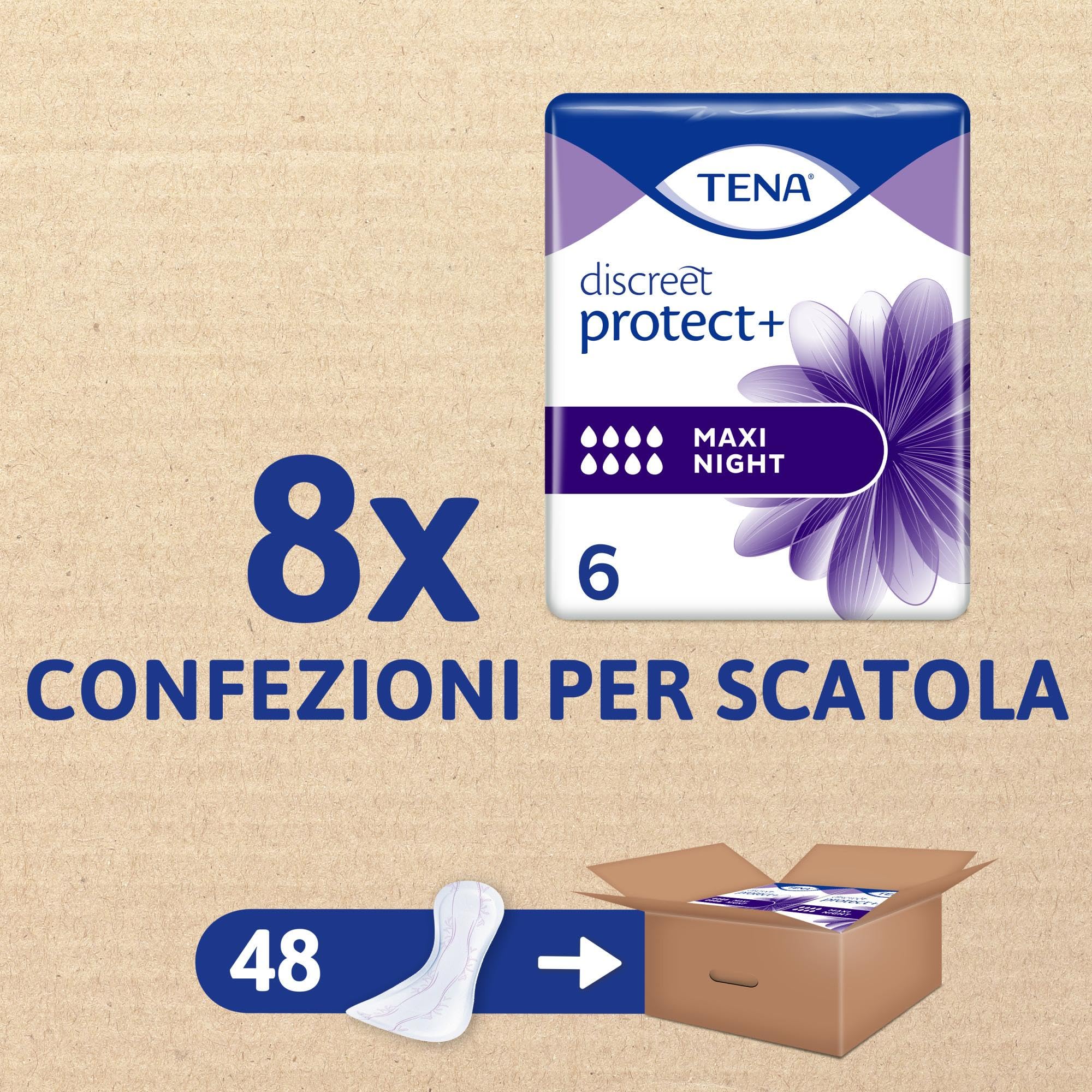 TENA Discreet Maxi Night Pacco Scorta Mensile - Assorbenti per perdite urinarie femminili, discreti e confortevoli, 8 confezioni x 6 pezzi