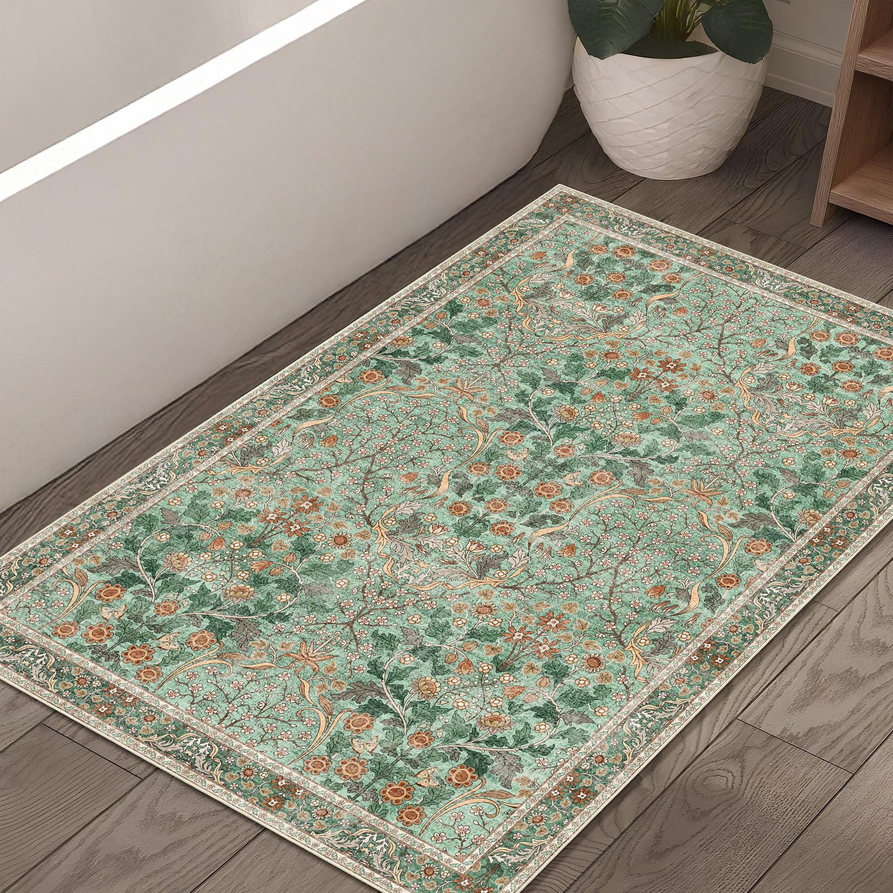 MUJOO 2x3 Washable Rug,Green Floral Small Area Rugs for Bathroom Entryway Entry Bedroom Bedside,Boho Front Door Mat Indoor Entrance Throw Carpet