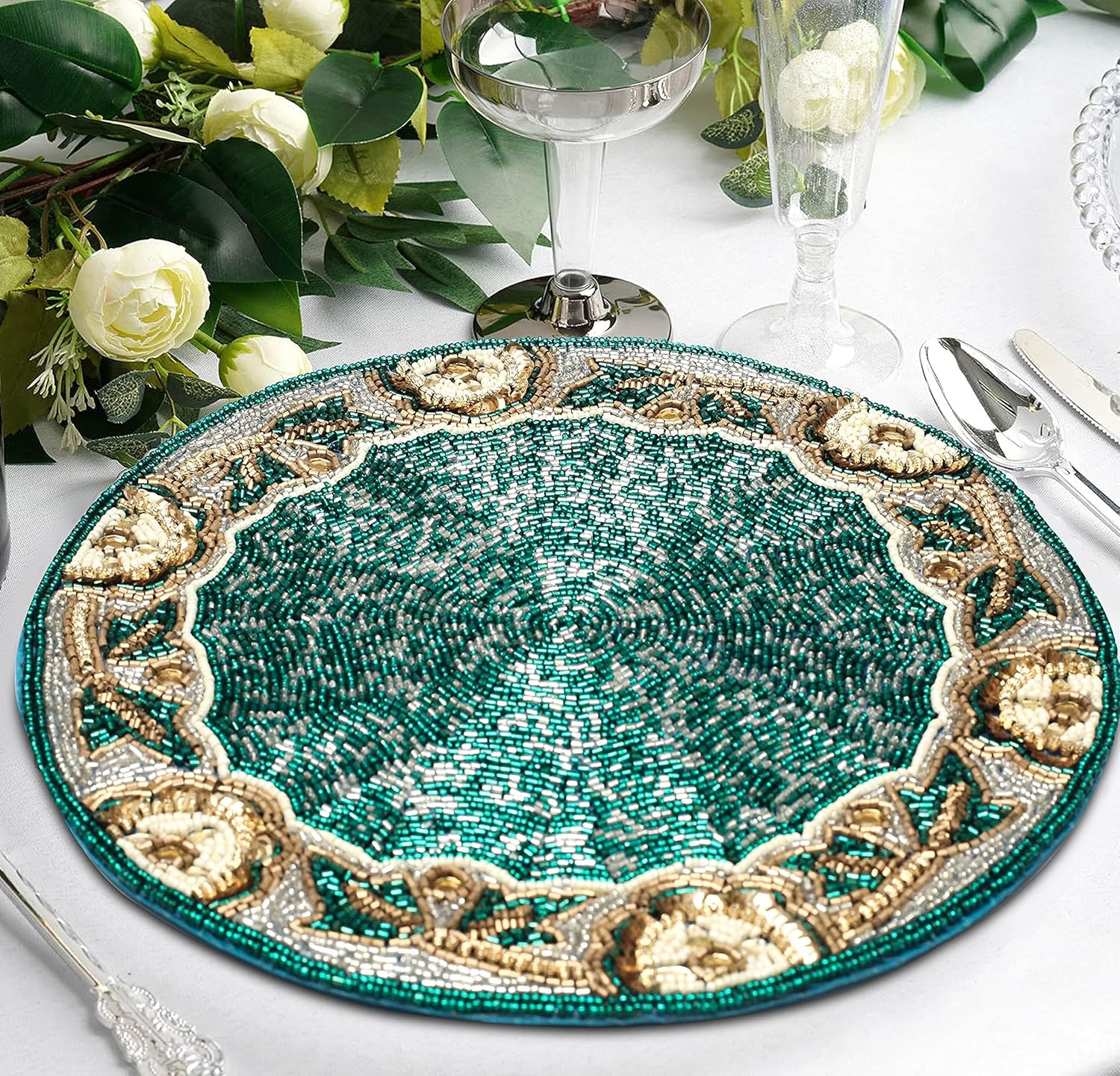 Beaded Round Placemats 13” – Teal Silver White Gold Beaded Charger Placemats for Dining Table, Decorative Glitz Placemats for Holiday, Christmas, Wedding & Party Table Setting