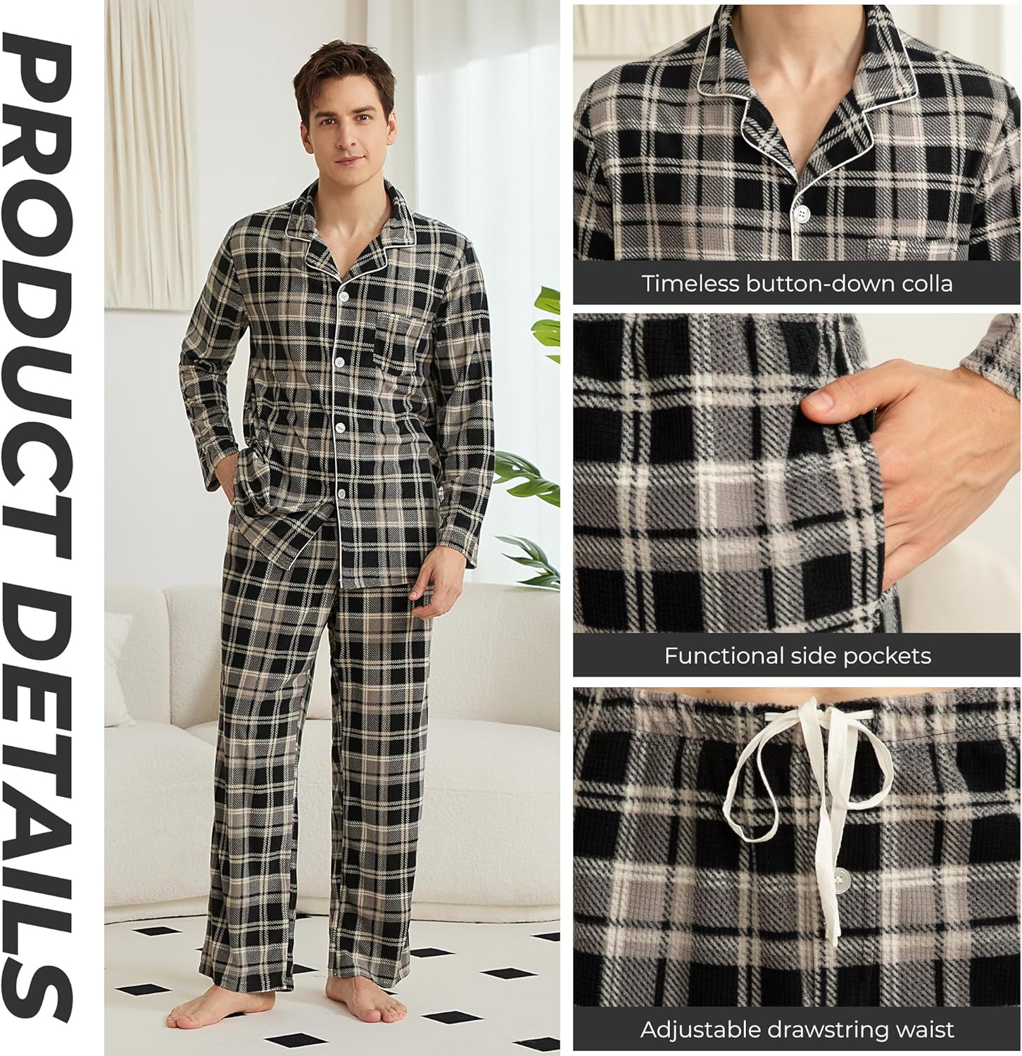 Vulcanodon Mens Ultra Soft Pajama Set, Warm Long Sleeve Prints Sleepwear Cozy Button Down Pjs for Me - Image 2