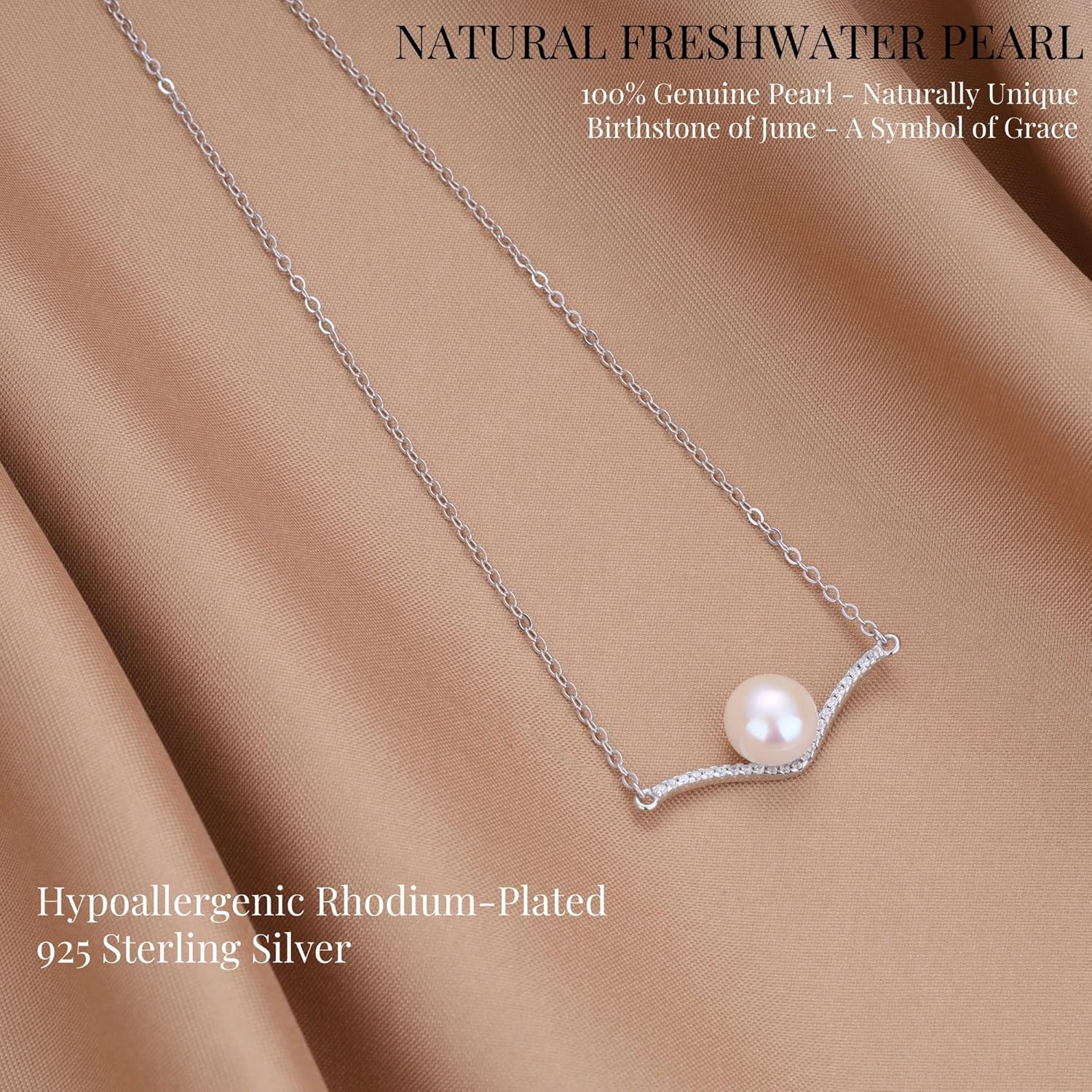 GAVU Single Freshwater Pearl Necklace for Women, Curved Bar Pendant Sterling Silver Necklace for Women - Image 3