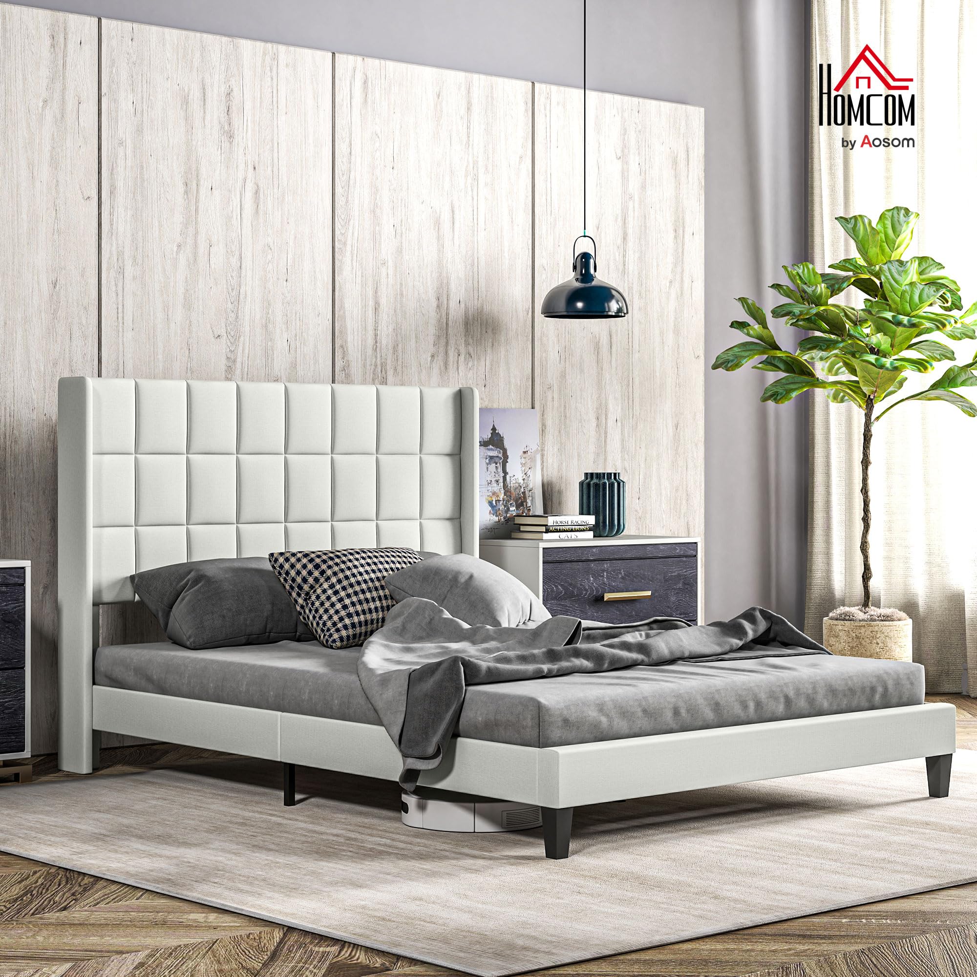 HOMCOM Cama 135x190 cm Estructura de Cama Somier con Cabecera Tapizada de Lino Sintético y Espacio de Almacenamiento Debajo de la Cama Carga 300 kg Beige
