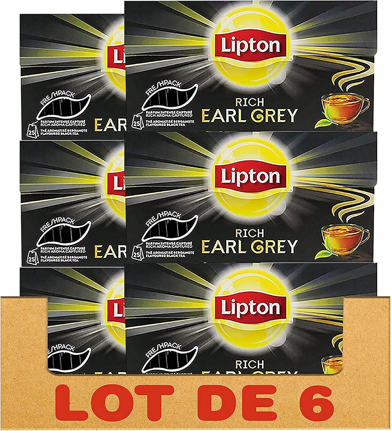 Lipton Thé Noir Rich Earl Grey 150 Sachets, Aromatisé à la Bergamote, Label Rainforest Alliance, (Lot de 6×25 Sachets)