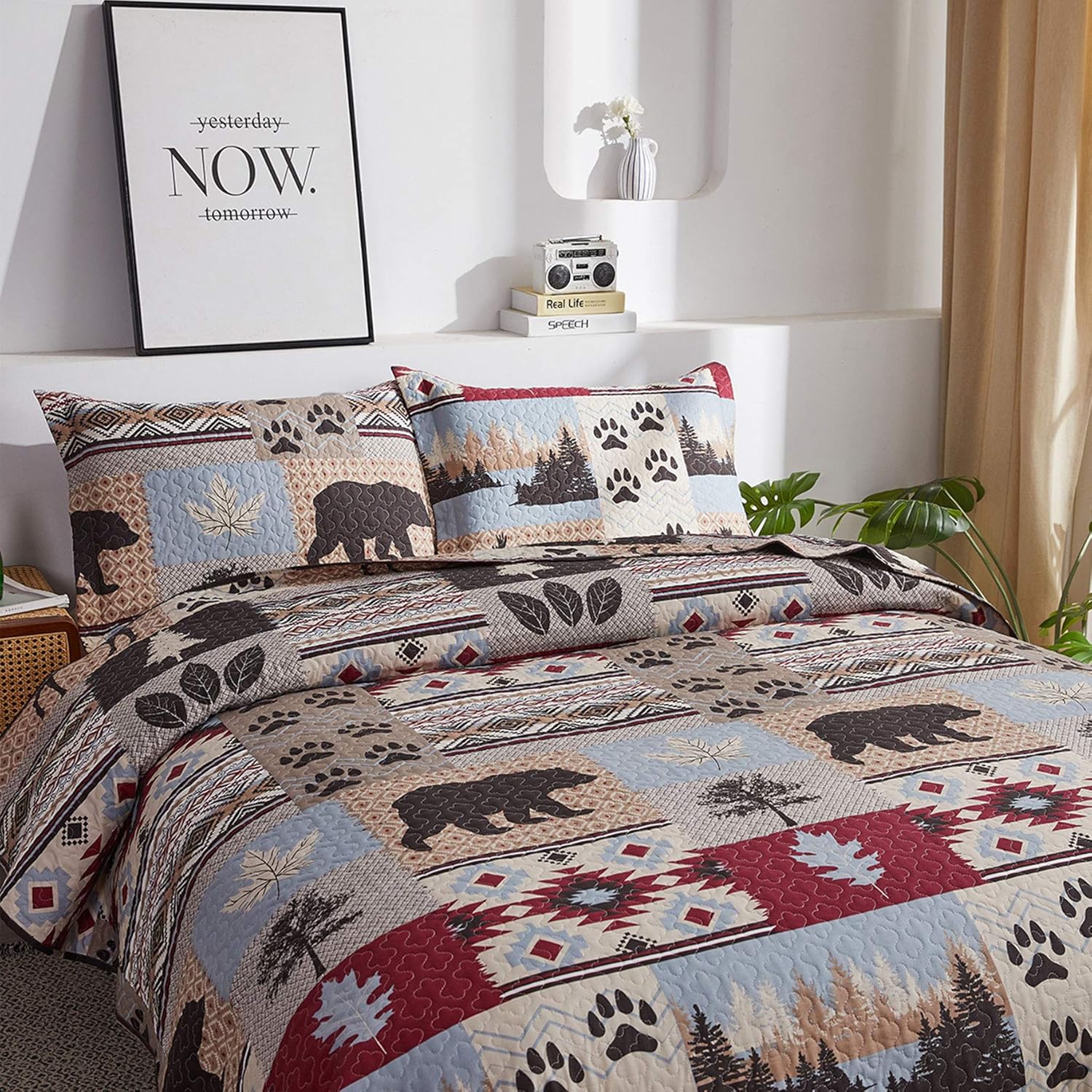 Oliven Rustic Cabin Summer Moose Bear Quilts Full/Queen Size Lodge Bedspread Bear Paw Pine Tree Maple Leaves Bed Cover Soft Polyester Woodland Coverlet Set with 2 Standard Pillow Shams - Image 3