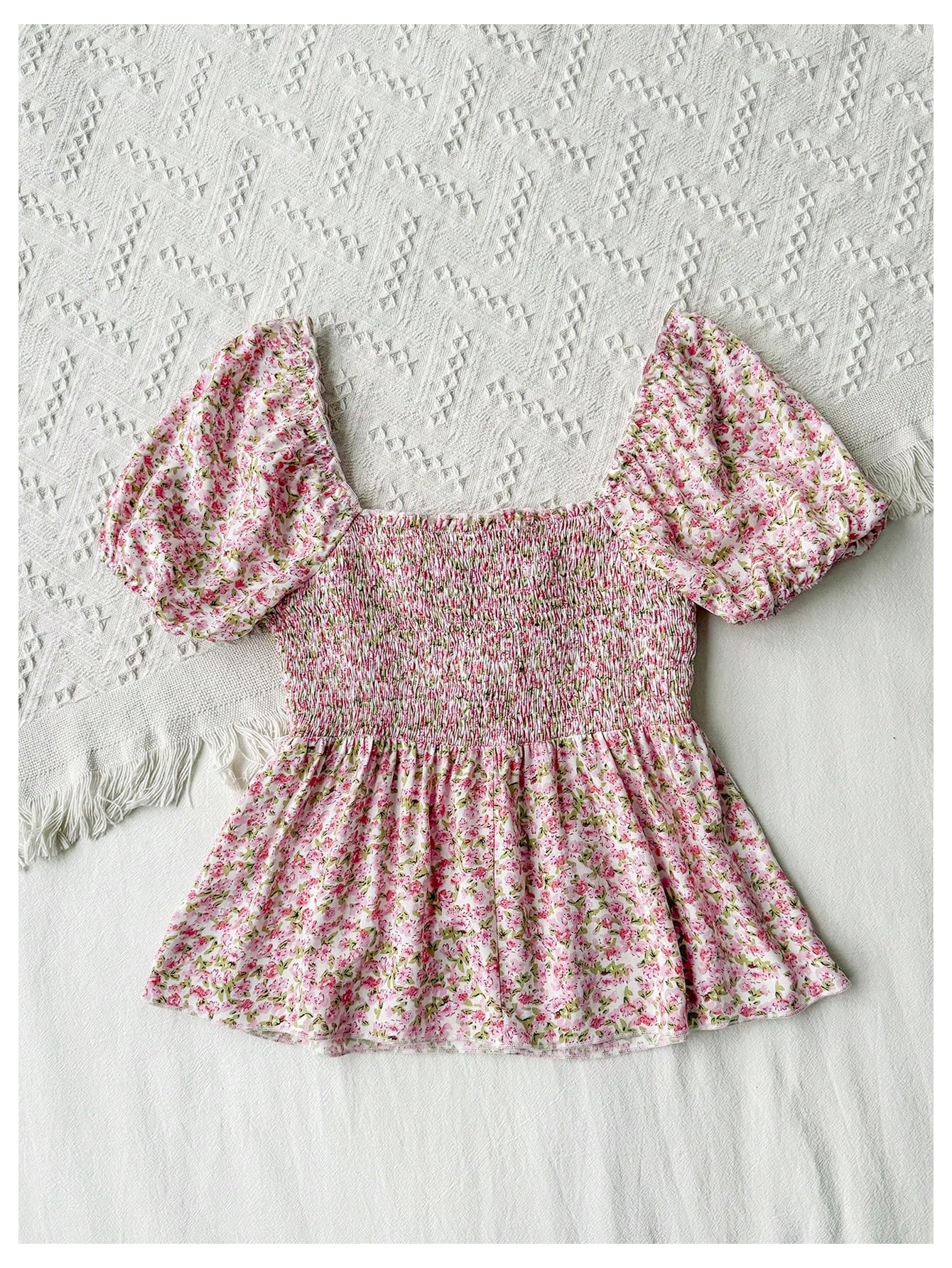 SHENHE Women's Summer Floral Puff Sleeve Peplum Blouse Smocked Sweetheart Neck Ruffle Boho Top