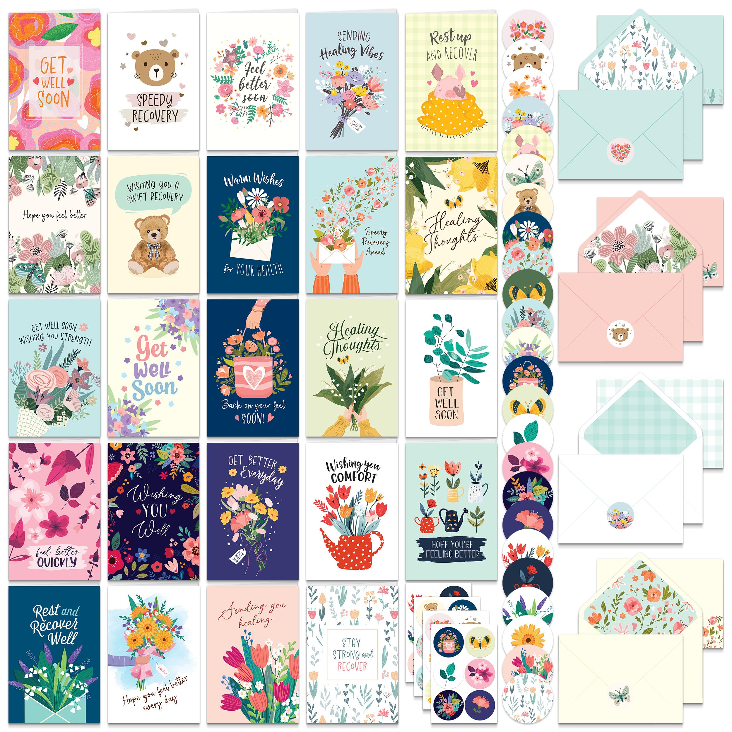 Decorably 24 Pack 4x6in Assorted Get Well Cards Assortment Box with Envelopes and Stickers, 24 Unique Floral Designs Get Well Cards with Envelopes,