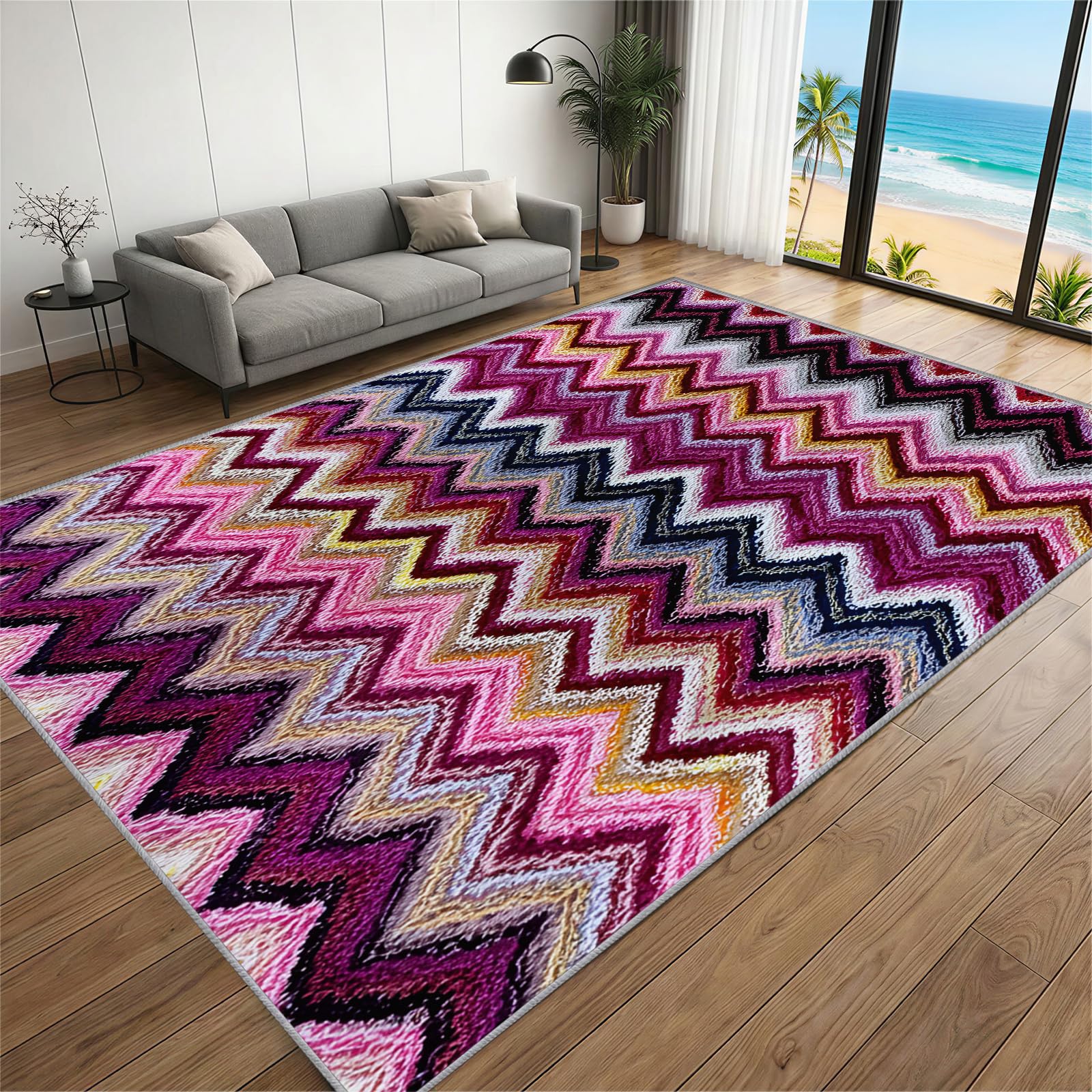 BEQUTIY Serrated Wave Pattern Rug 120 x 150 cm, Art Style Area Rugs, Purple Abstract Carpet Kids Room, Machine Washable Rugs Non Slip, Kitchen Bedroom Living Room — image 1