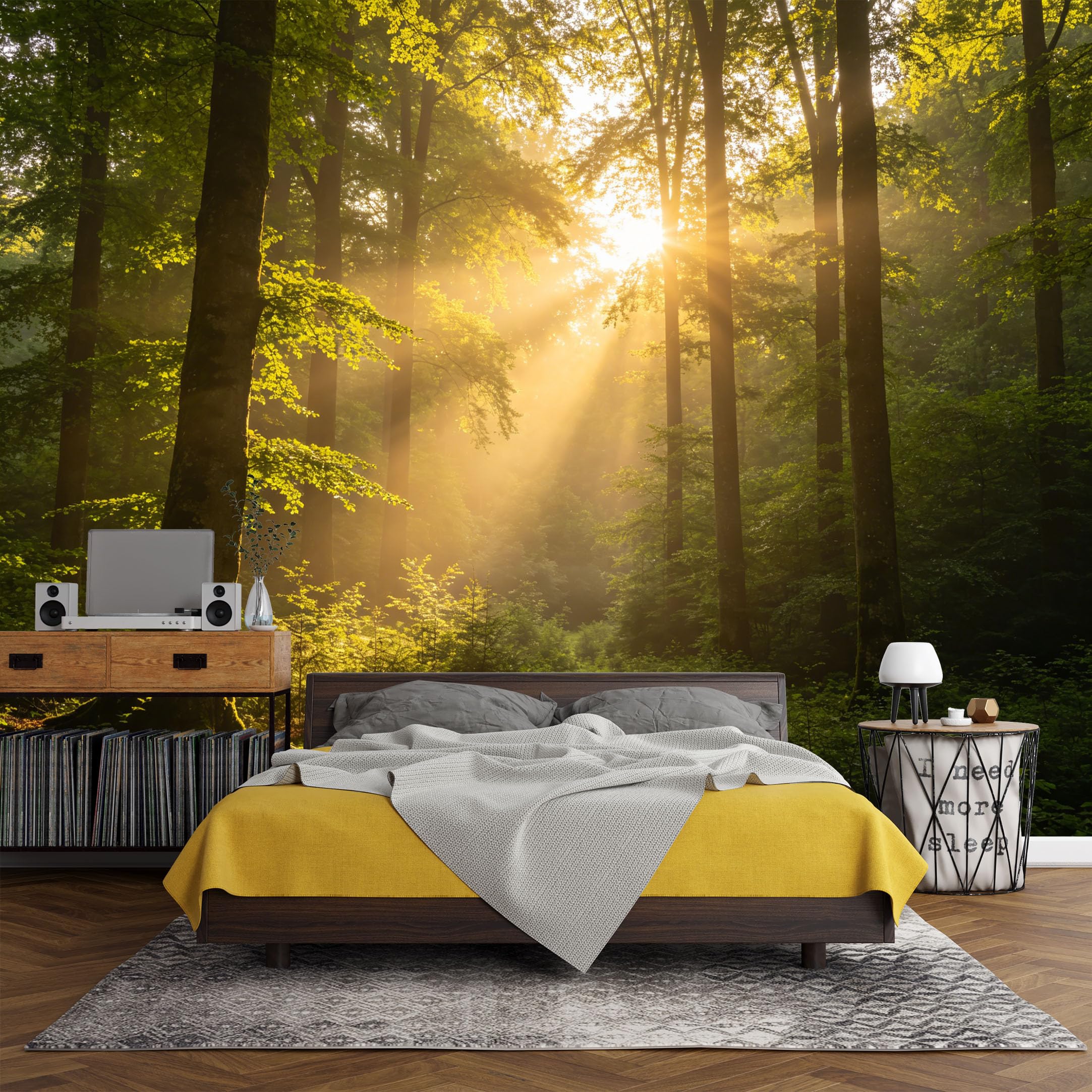 Custom Size Wall Mural， Forest Sunrise Light Rays Woodland Landscape Nature Morning Scene，SelfAdhesive Art Prints wall Fabric (No PVC) Removable Wallpaper Living Room Decor