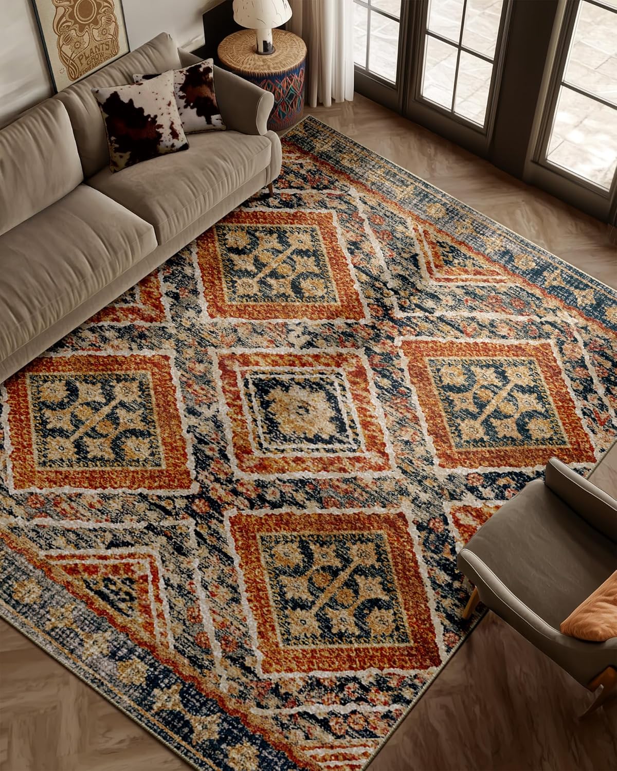 Area Rug 6x9 Rug Machine Washable Non-Slip Low Pile Print Pattern Western Rug Fall Rug for Living Room Bedroom Entryway Tribal Series -Orange/Brown Orange/Brown 6' x 9' (Rectangular)