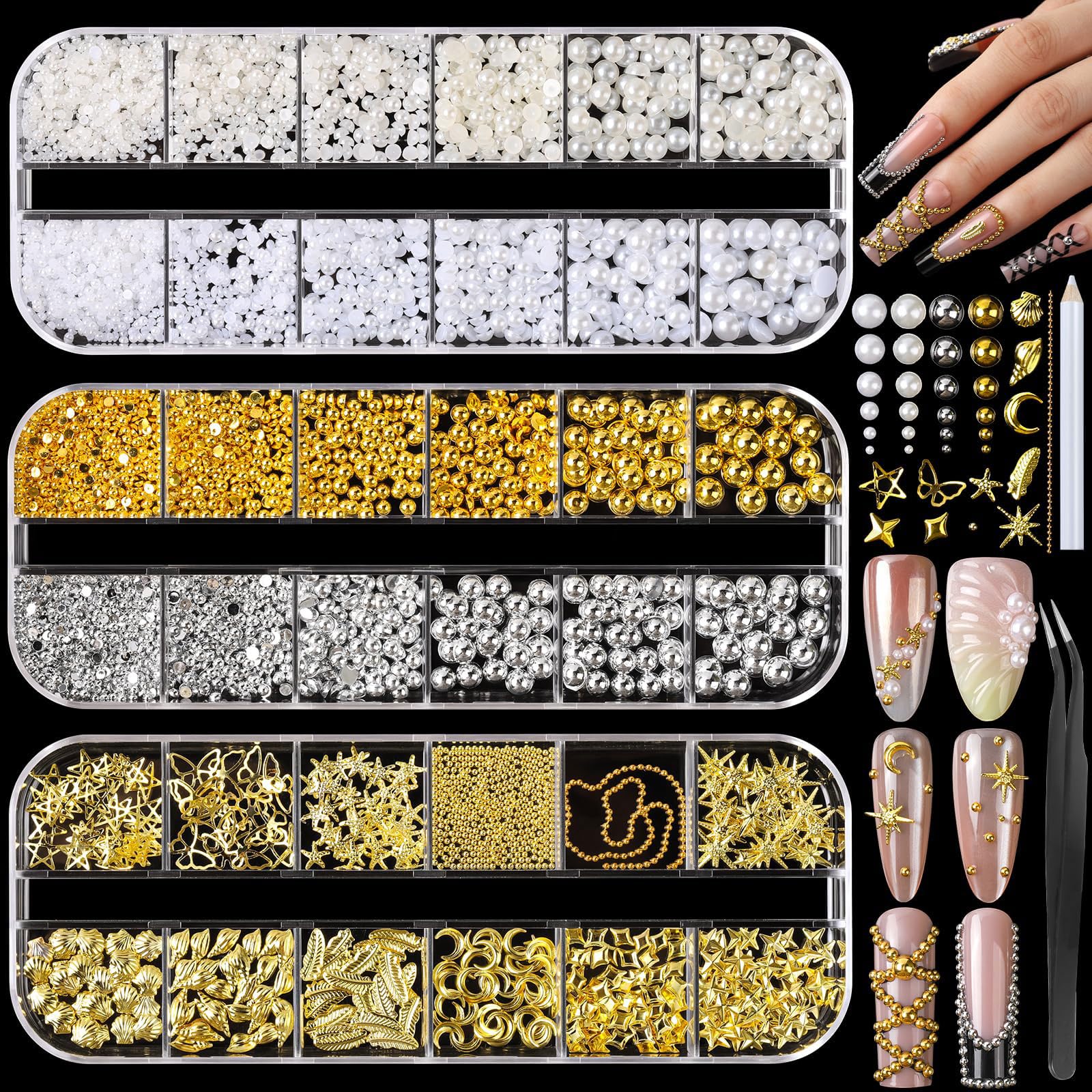 VelvetGlow Gold Nail Gemstones, 3D Nail Charms