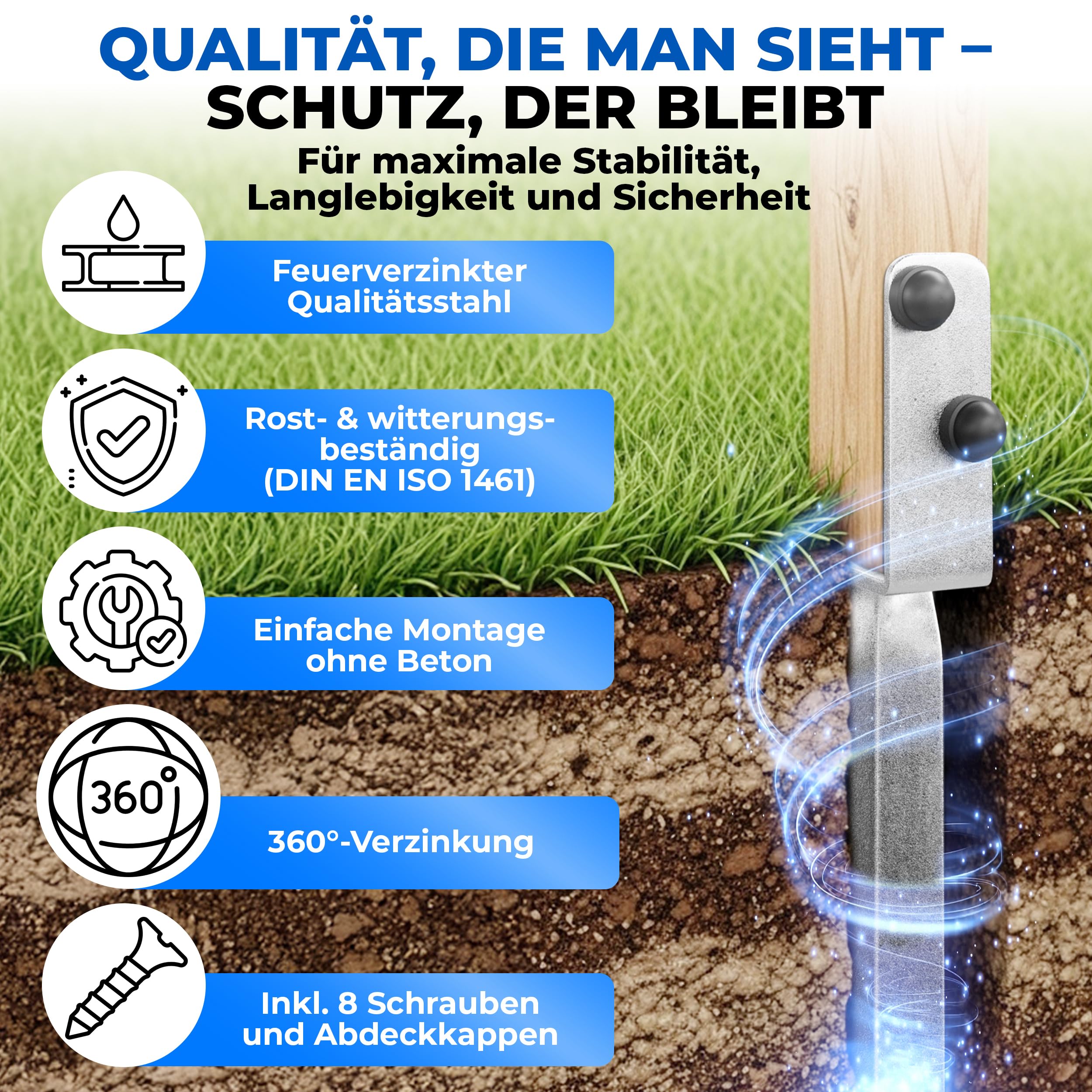 Bodenanker für Holzpfosten Einschlaghülse Z-Form 50,5 cm, 4er Set, 5 mm Stahl feuerverzinkt, V-Spitze, Made in EU, inkl. Schrauben & Sicherheitsabdeckkappen, für Schaukel Spielturm Holzpfosten