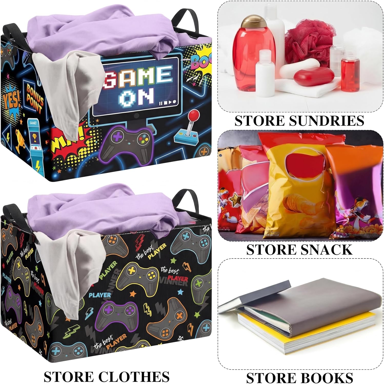 Weysat 2 Pcs Gaming Basket for Boys Gamer Laundry Hamper Video Game Basket Bins with Handles Rectangle Foldable Waterproof Clothes Toys Storage Organizer for Gamer Gift Room Decor