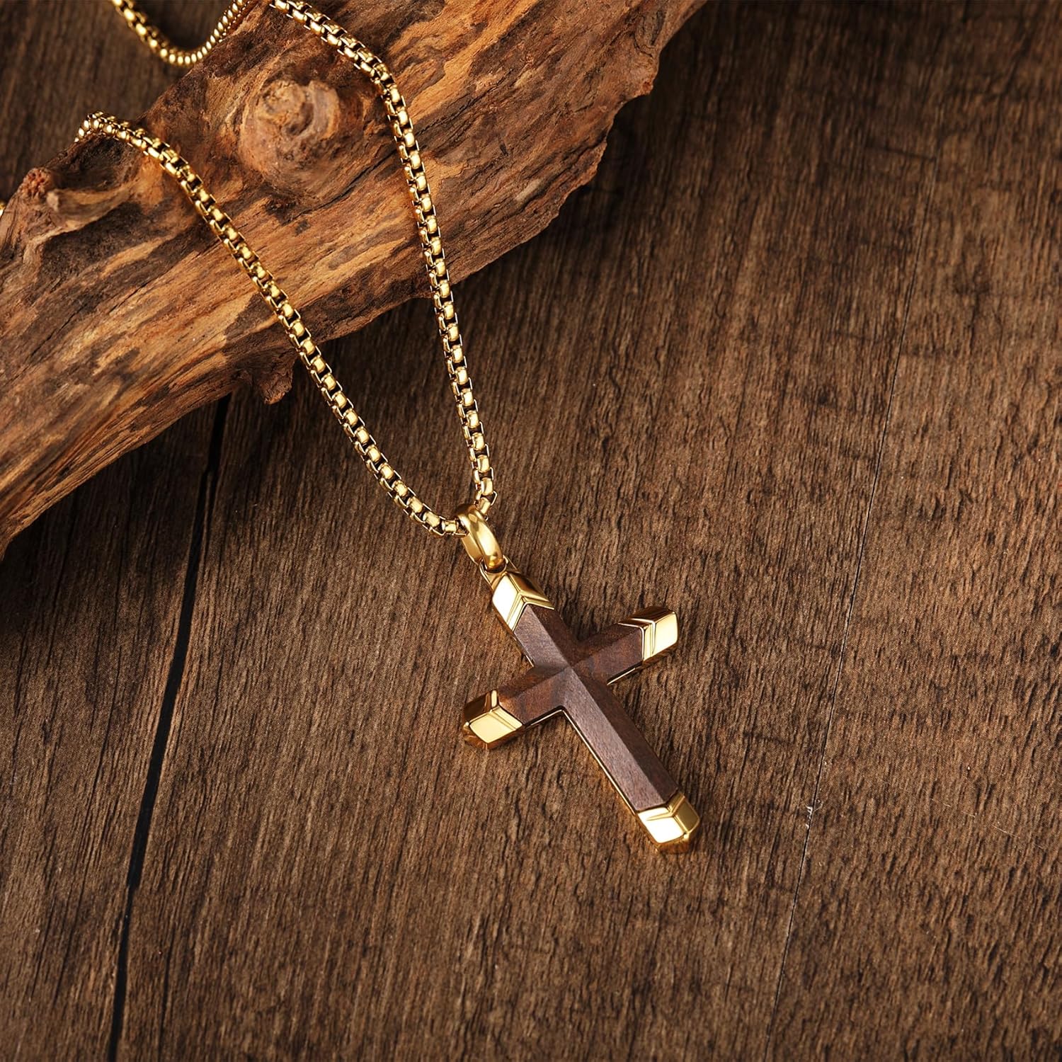 Wooden Cross Necklace for Men, 18K Gold Plated Stainless Steel Mens Cross Necklaces Hand Inlaid Real Ebony, Christian Black Wood Crucifix Pendant 24" Box Chain - Image 7