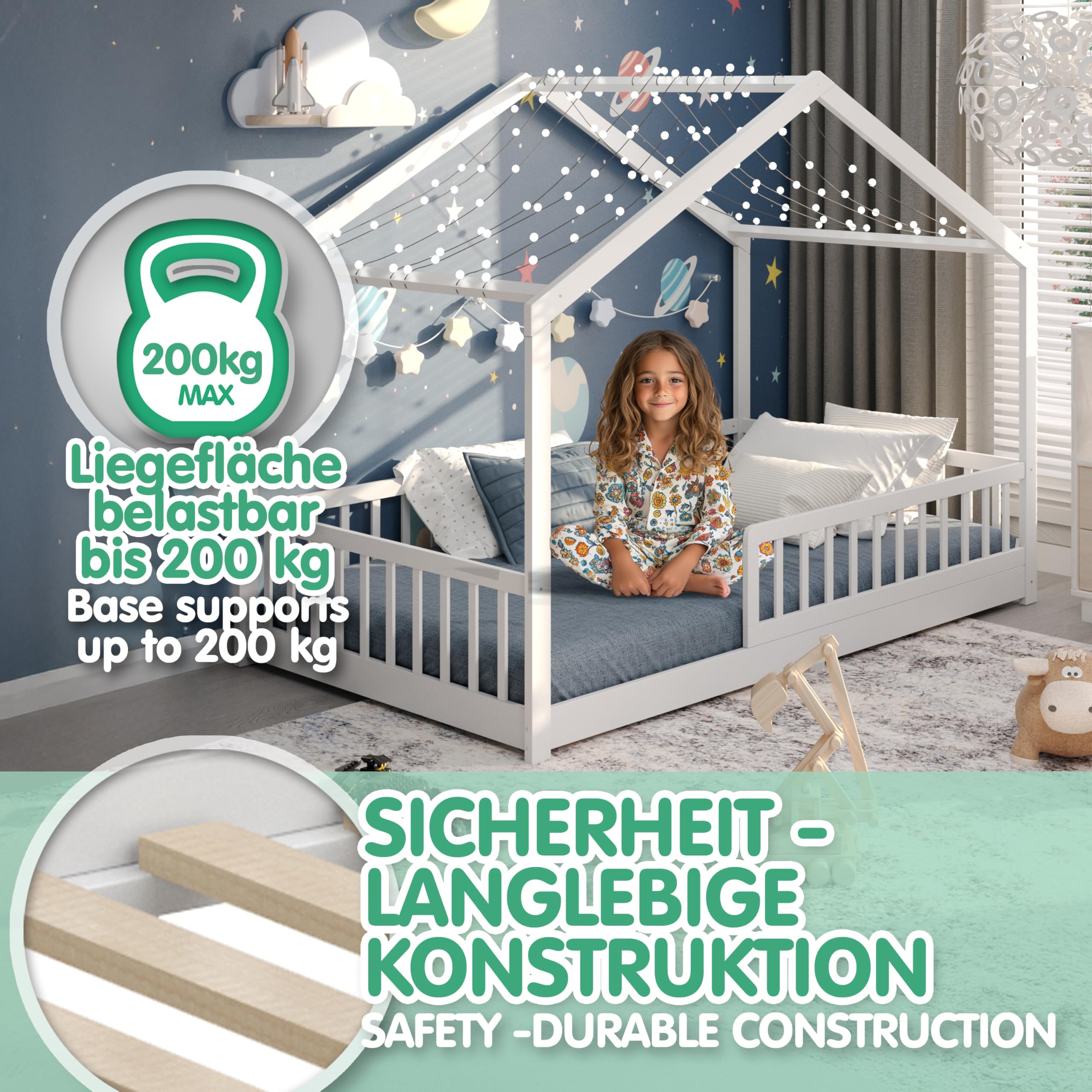 CADANI Malte Kinderbett 120x200 cm – Hausbett mit abnehmbarem Rausfallschutz, bis 200 kg belastbar, Roll-Lattenrost, Montessori Bodenbett aus Massivholz Kiefer, Weiß