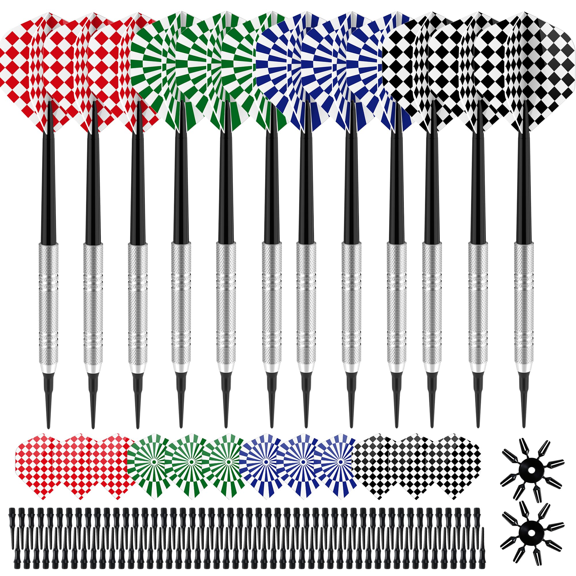 Elalove 12 Fléchettes à Pointe Plastique 14g avec 100 Embouts Remplacement et 24 Ailettes- Set Professionnel pour Cibles Électroniques - Darts Souples et Durables en Matériau Plastique