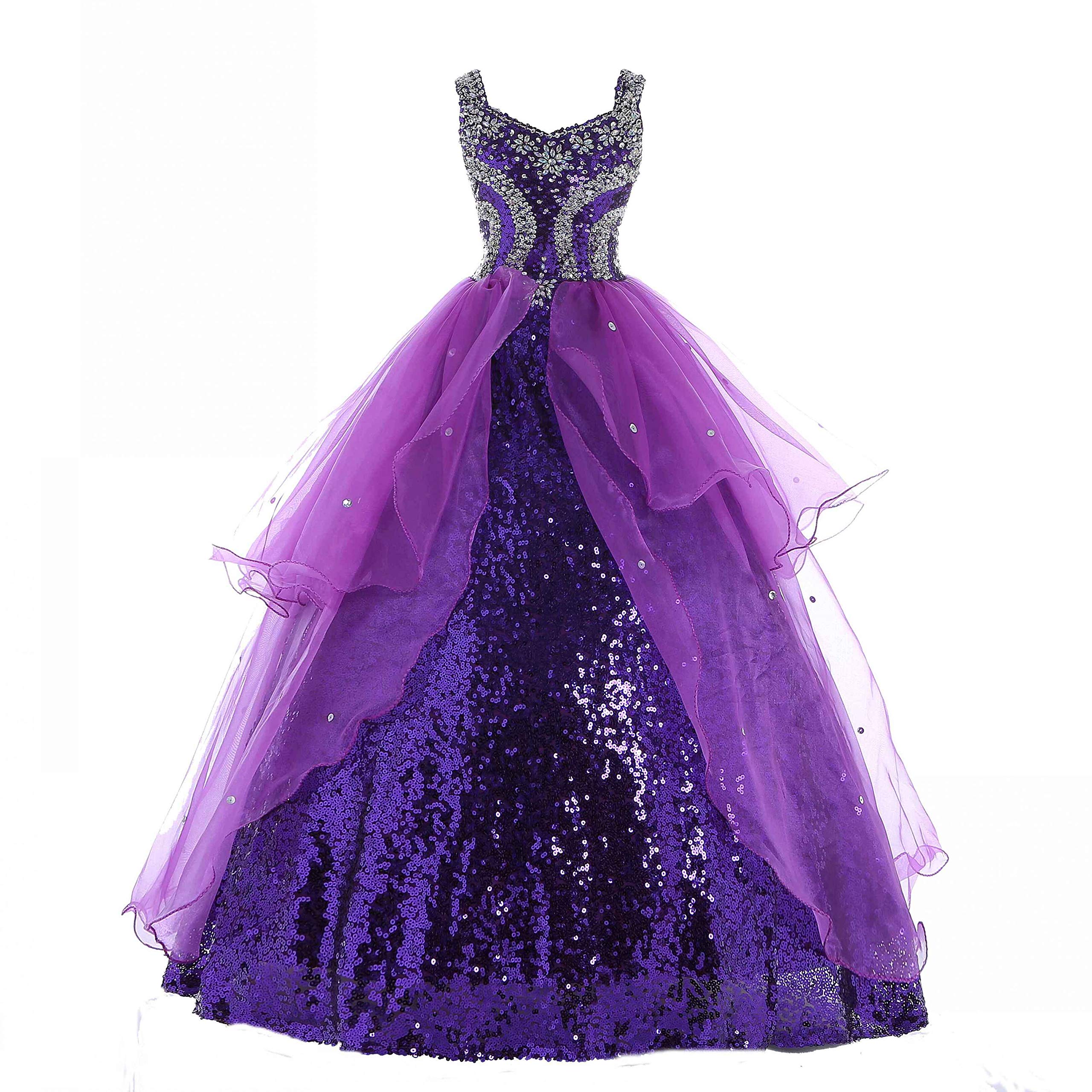 Big Girls' Ball Gowns Sparking Sequined Long Party Pageant Dresses for Teens 16 Purple