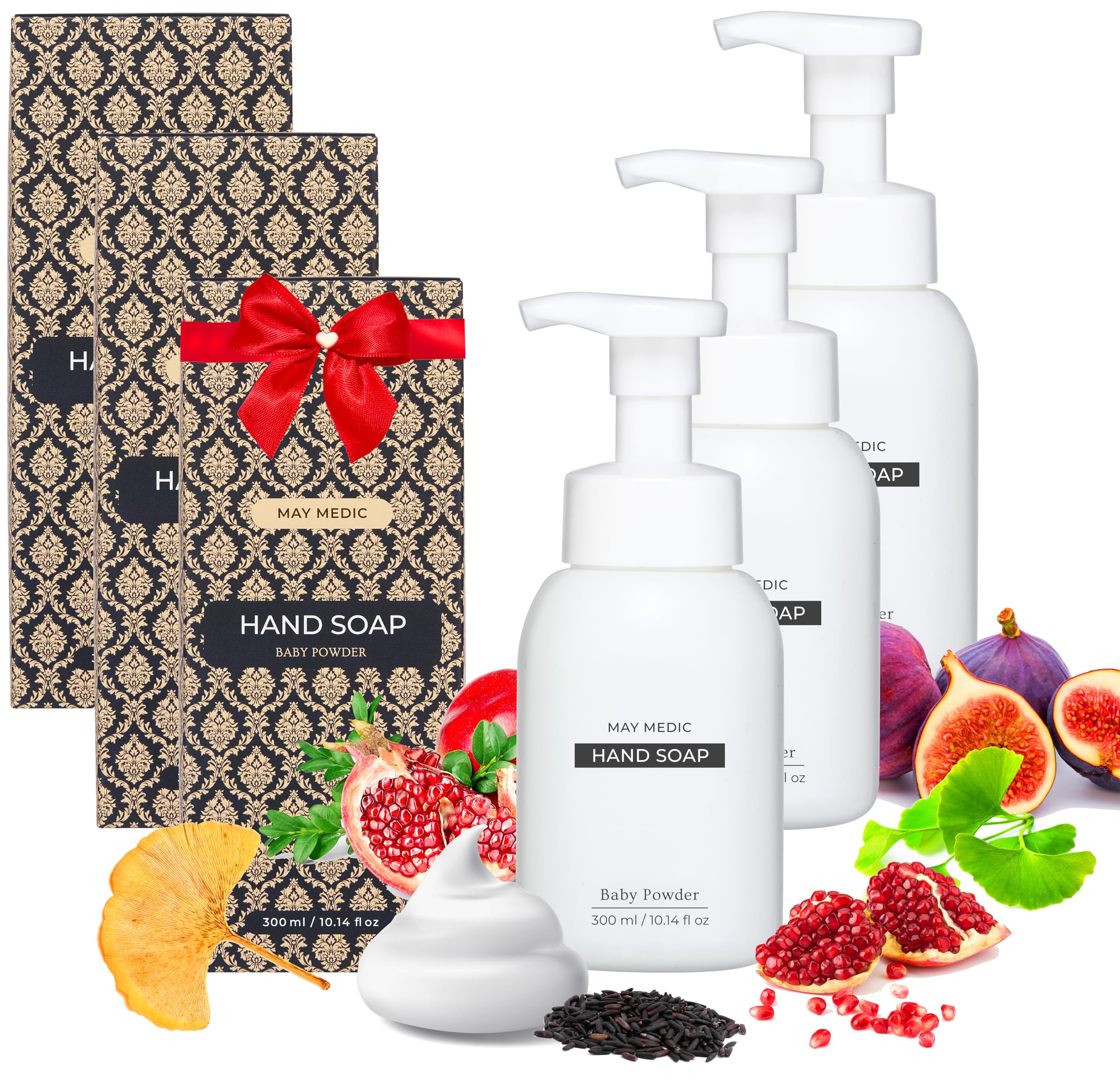 MAY MEDIC Baby Powder Double Scented Foaming Hand Soap, Moisturizing Foam with Fig and Pomegranate Extract, Vegan Wash for Bathroom and Kitchen, 10.14