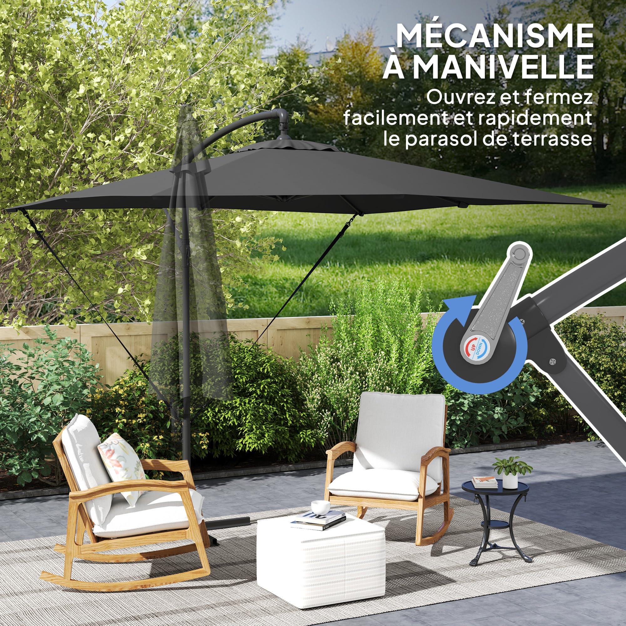 Outsunny Parasol Déporté 2,5 x 2,5 m Toile Ajustable Manivelle