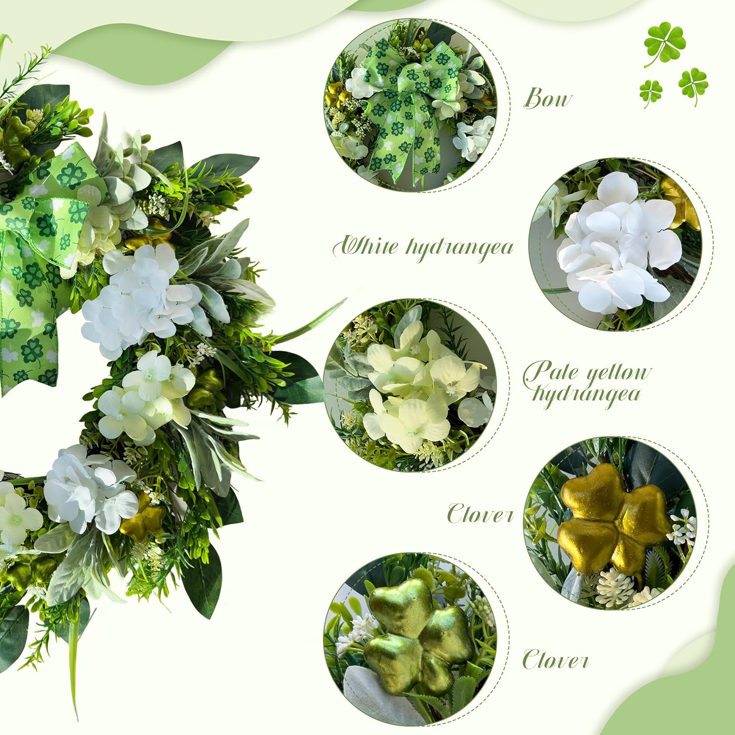 24'' St. Patrick's Day Wreath for Front Door, Irish Shamrocks Wreath with Bow, Spring Green Hydrangea Home Decor, Artificial Greenery Glittery Clover Decoration for Wall Indoor Outdoor Window Porch