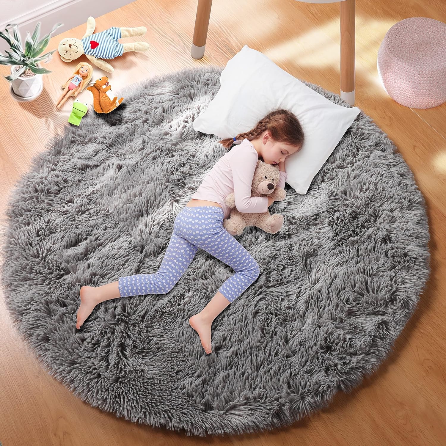 Ultra Soft Grey Round Rugs 6Ft Plush Shag Fuzzy Circle Area Rugs for Boys Bedroom Fluffy Shaggy Circular Rugs for Kids Room Decor,Non-Shedding Room Decor Grey Carpets Fuzzy Rug for Teen Dorm