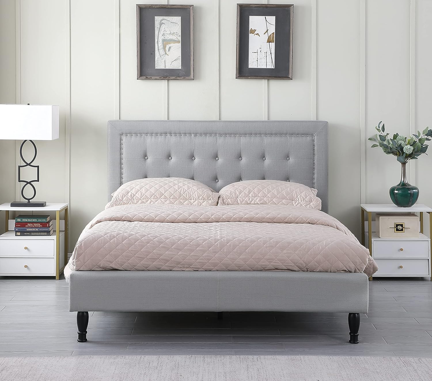 Full Upholstered Platform Bed Frame with 43.5" Tall Headboard - Button Tufted Cloth Bed - Wood Slat Support with Storage Space - No Box Spring Needed - Easy Assembly - Grey - Oliver & Smith Athena