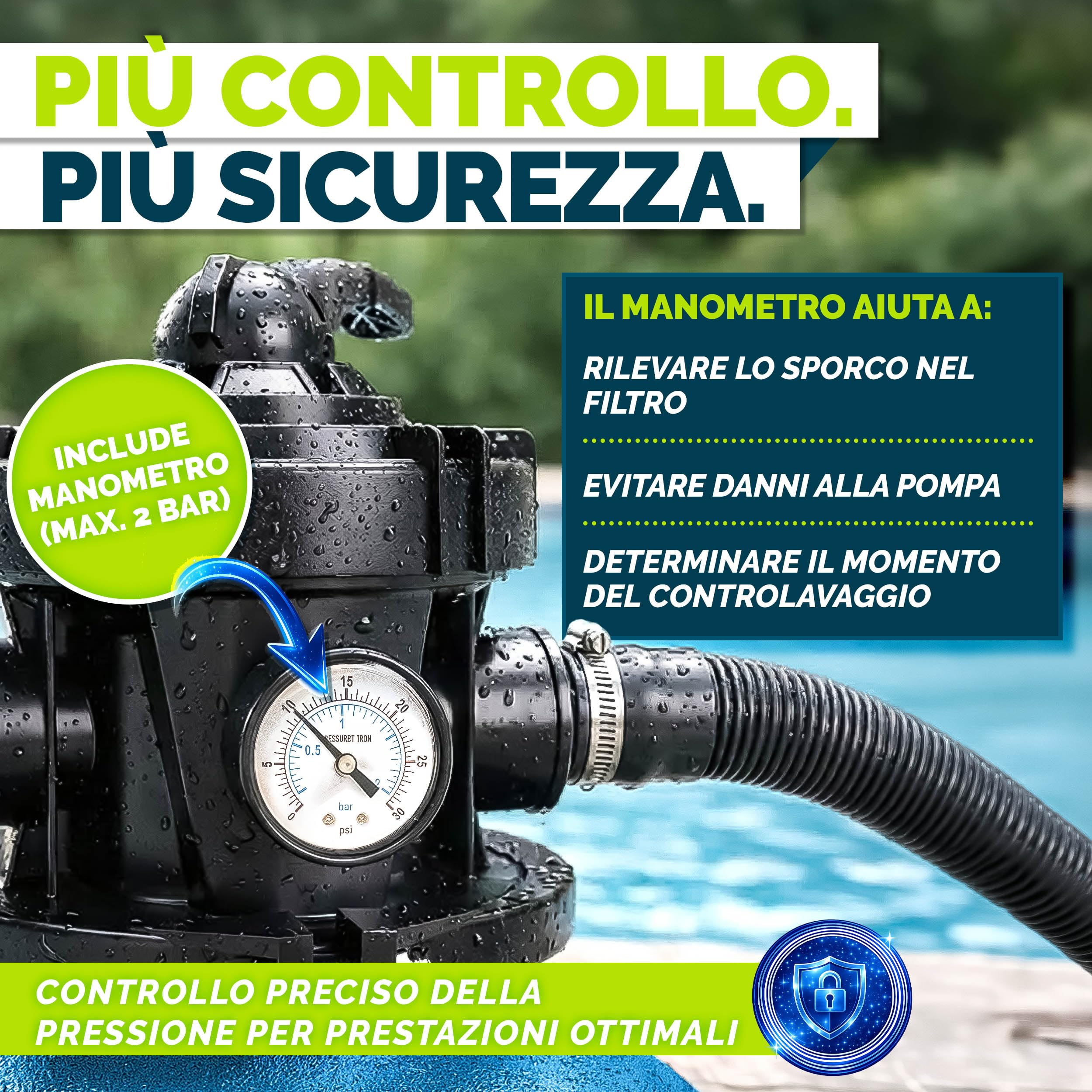 tillvex® Filtro a Sabbia Piscina Senza Pompa + Palline filtranti Fino a 35 m³ (35.000 L) | Serbatoio Filtro incl. Adattatore Ø32-38mm | Valvola 7 Vie, manometro & Tubo aspirazione