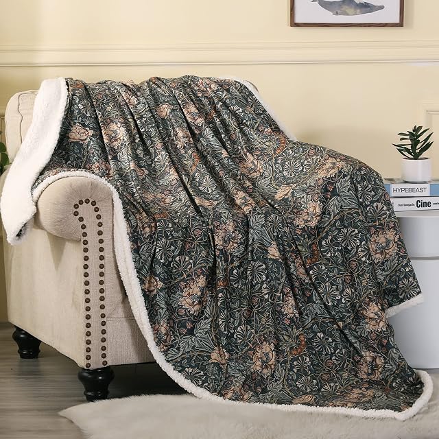 Obal William Morris Sherpa Fleece Blanket Bed Throw Blanket Fluffy Snuggle Blanket Large Throws for Sofas Settees Decorative Microfiber blankets (Honeysuckle, Twin/Double 150x200)