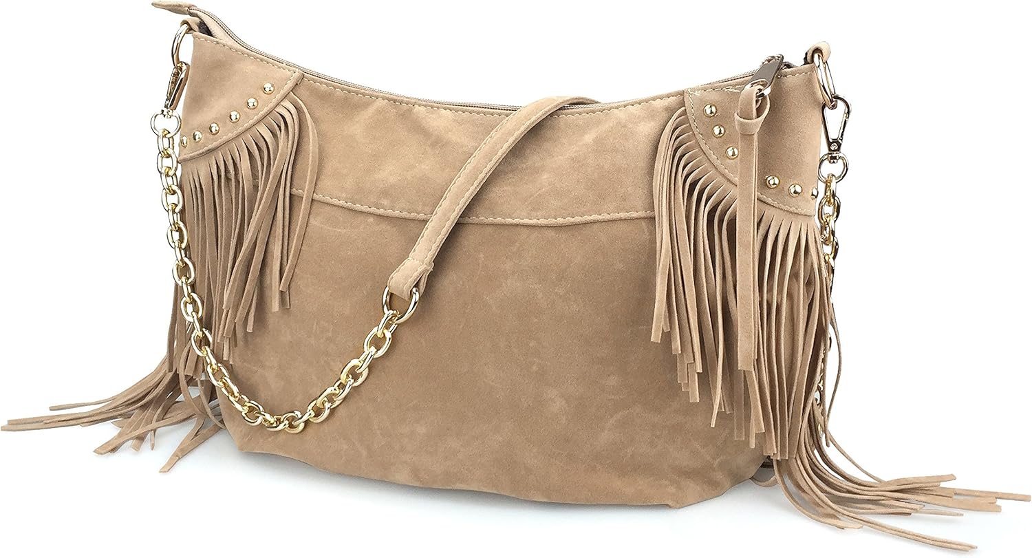 HOXIS Studded Tassel Faux Suede Leather Hobo Cross Body Chain Shoulder Bag Women’s Satchel - Image 4