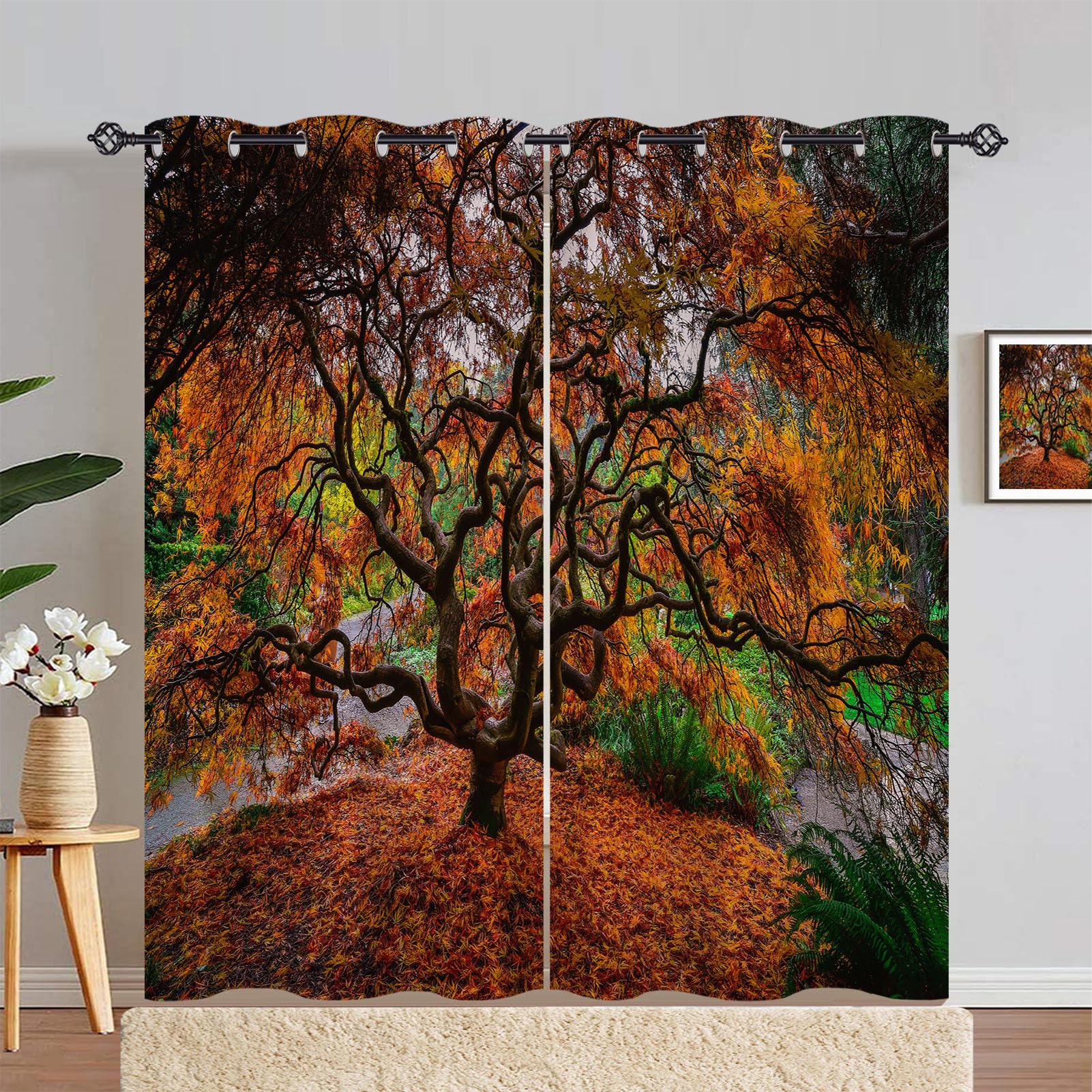 ANHOPE Nature Autumn Fallen Leaf Tree Curtains Eyelet Ring Top Blackout Thermal Insulated Print Curtains Soft Privacy Decorative Window Treatment Drapes for Bedroom Living Room 55 x 72 Inch 2 Panels