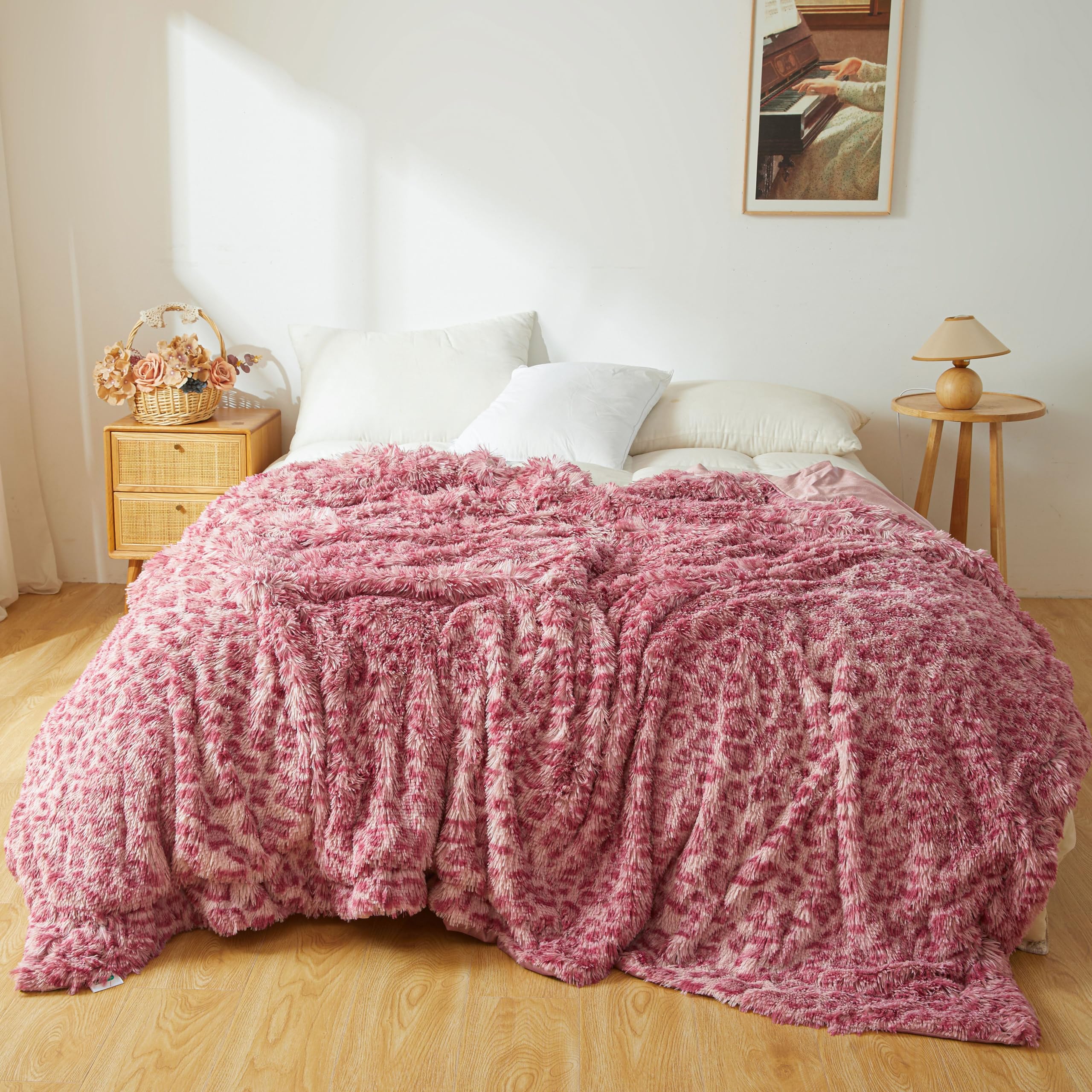 XeGe Flauschige Kunstfell Gepardprint Bettdecke, weiche Plüsch Felldecke Kinder, Mädchen & Erwachsene, pelzige Throw Decke für Schlafzimmer Wohnzimmer, Leopard Muster Rosé, 172x228cm, Twin/Double