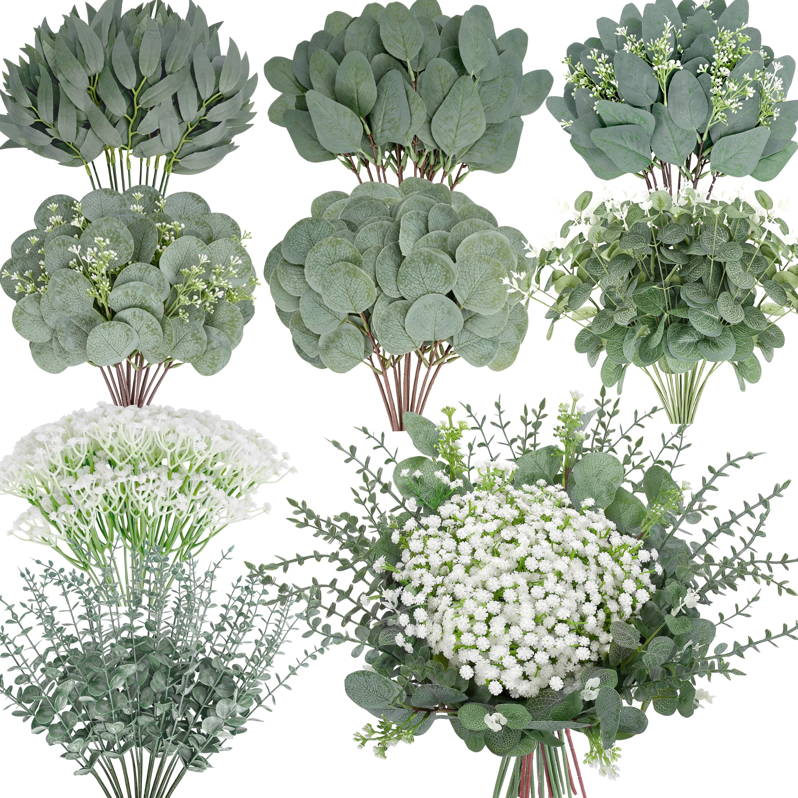 Photo 1 of 200 Pcs 8 Kinds Mixed Artificial Eucalyptus Stems Bulk Fake Silver Dollar Eucalyptus White Seeds Stems Bundle Faux Plants Greenery for DIY Bouquets Floral Arrangement Wedding Engagement Party Decor