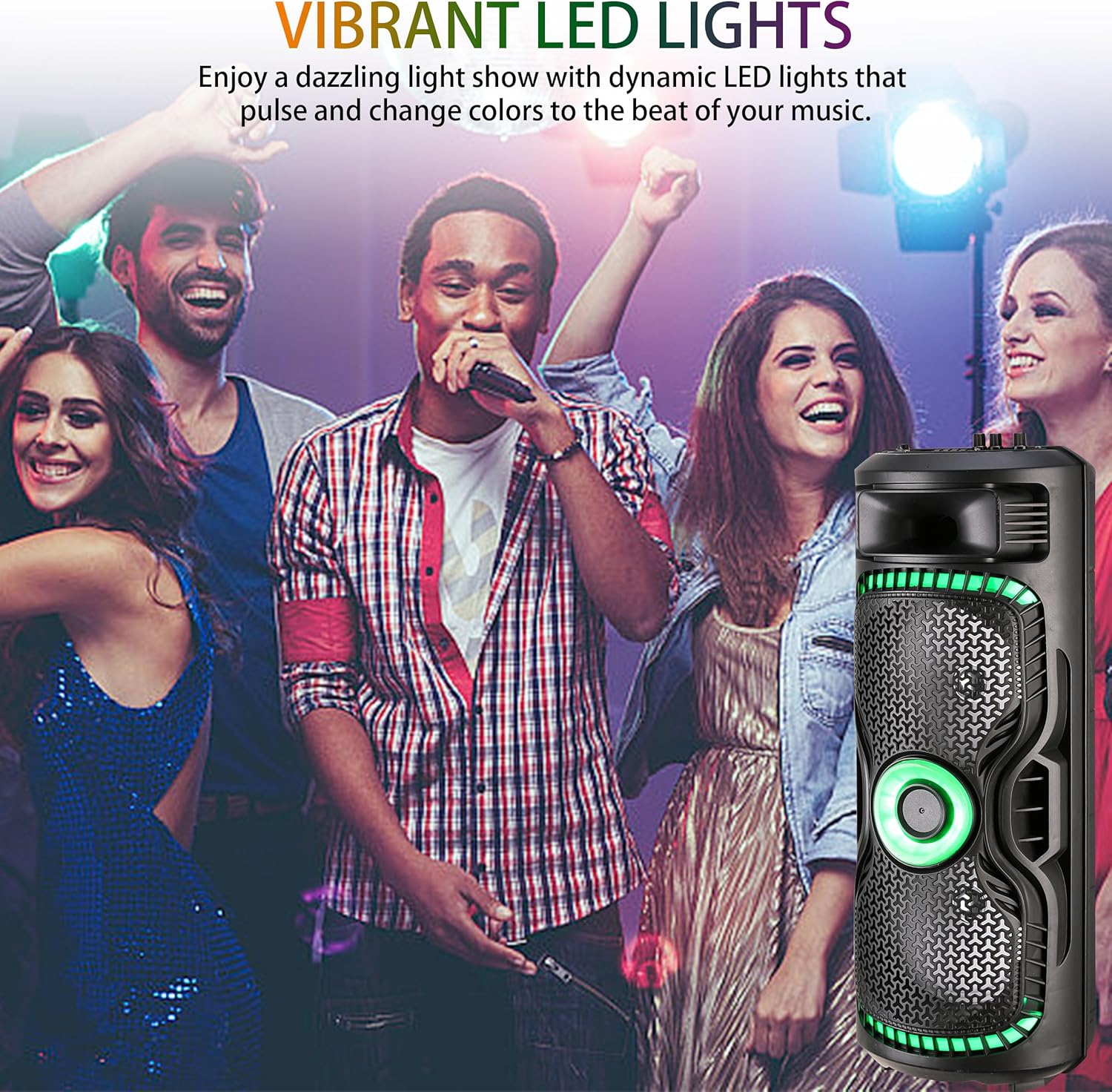 Speaker with vibrant LED lights at a party