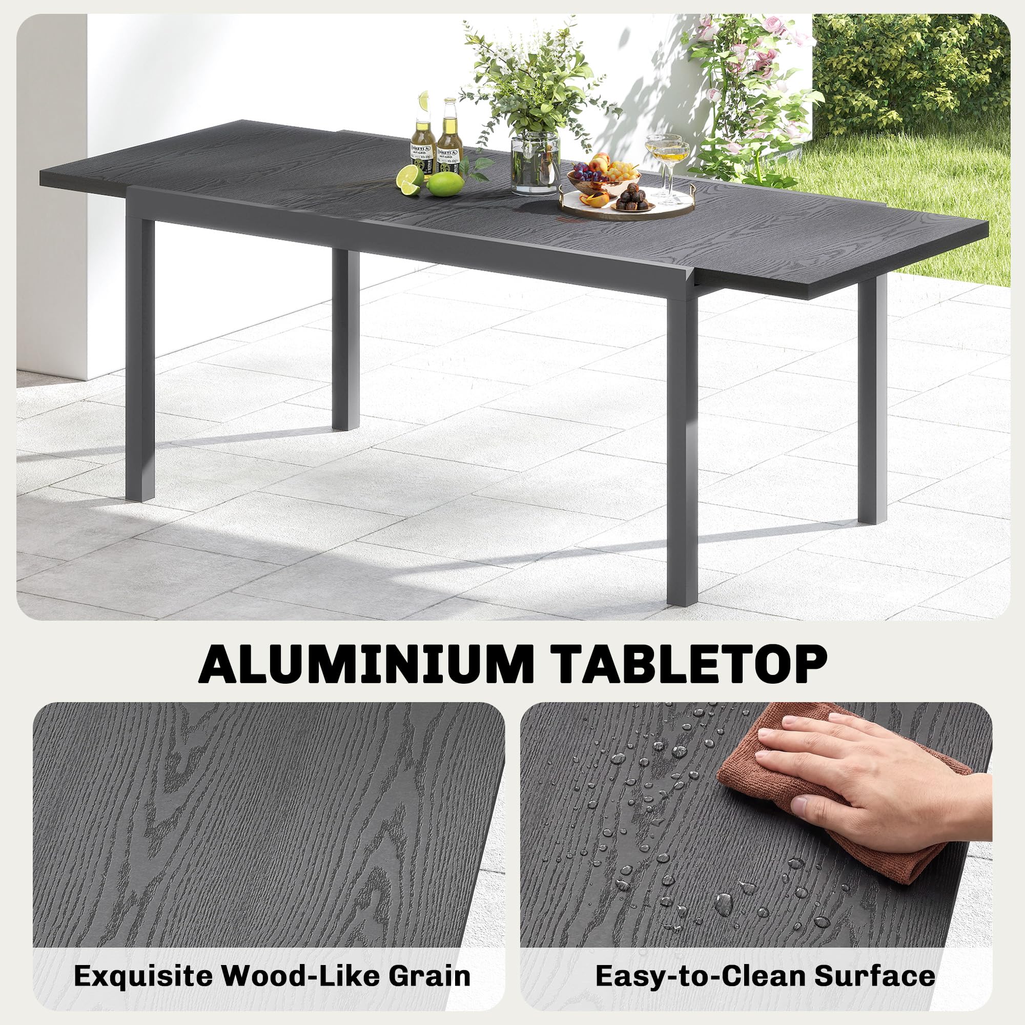 Outsunny Tavolo da giardino allungabile 154-214 cm, piano in alluminio effetto legno, tavolo da pranzo esterno robusto con gambe regolabili, mobili da terrazza 8-10 persone, grigio antracite