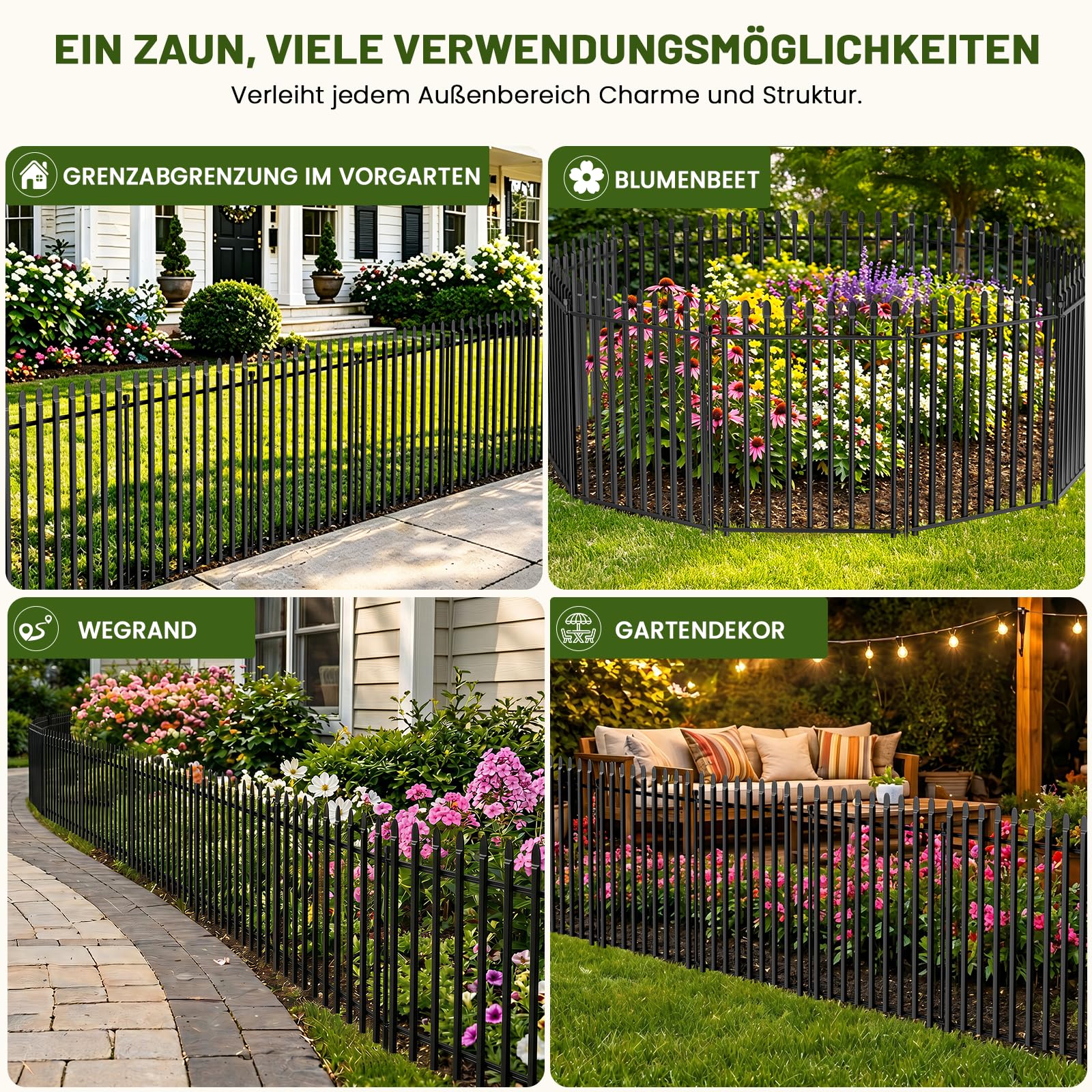 Gartenzaun, Metallzaun Paneele ohne Graben, Rostfreier Tierzaun für Außenbereich, Beetzaun für Garten, Terrasse, Beete und Landschaft | Gesamtgröße 101 cm (H) x 670 cm (L), 10 Paneele mit Tor