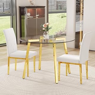 Modern Round Glass Dining Table Set for 2: 42" Transparent Tempered Glass Top, Gold Metal Legs, 2 White PU Chairs - Elegant & Durable for Dining Rooms