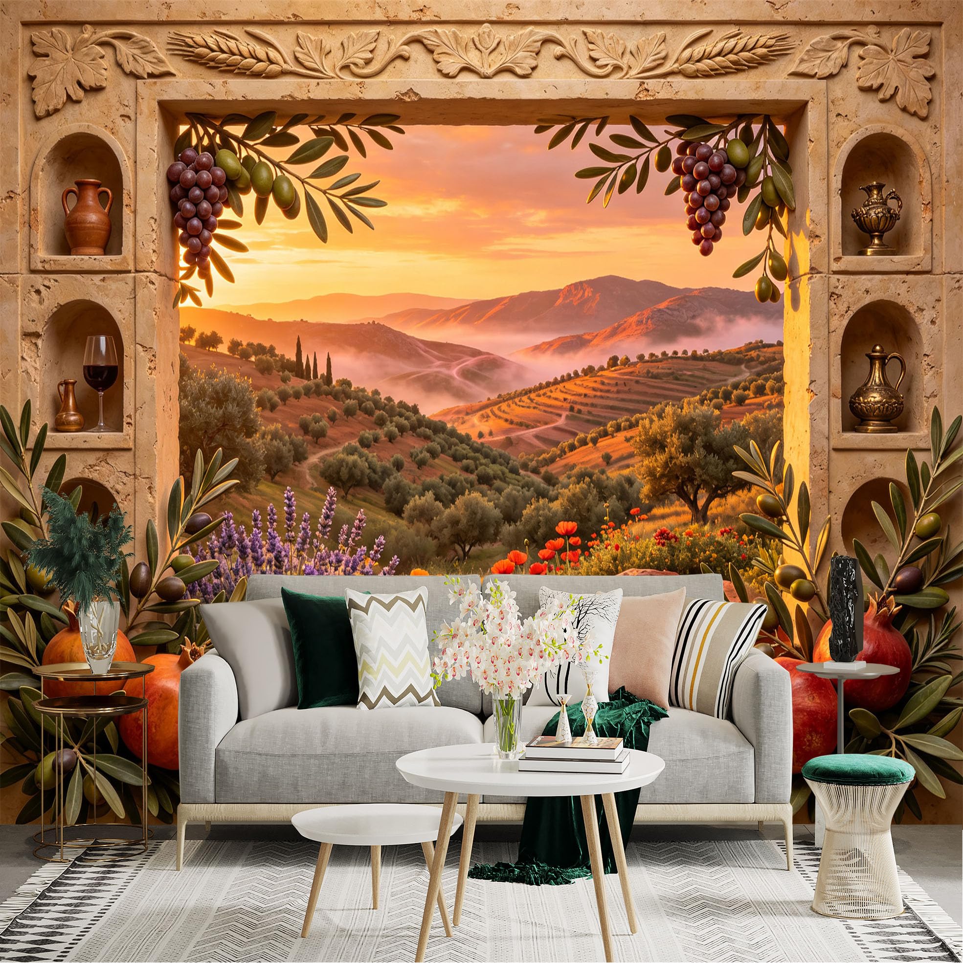 Lnzczhyre Bh260719060 Custom Size Wall Sticker Mural， Mediterranean Sunset Landscape， Pomegranate And Olive Branches， Rustic Stone Window Frame View， For Wall Decoration， Peelandstick Wall Decals.