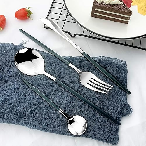 Miniatura 7 de JASHII Juego de cubiertos de 24 piezas, juego de cubiertos de acero inoxidable, juego de cubiertos verdes y plateados, moderno y elegante para