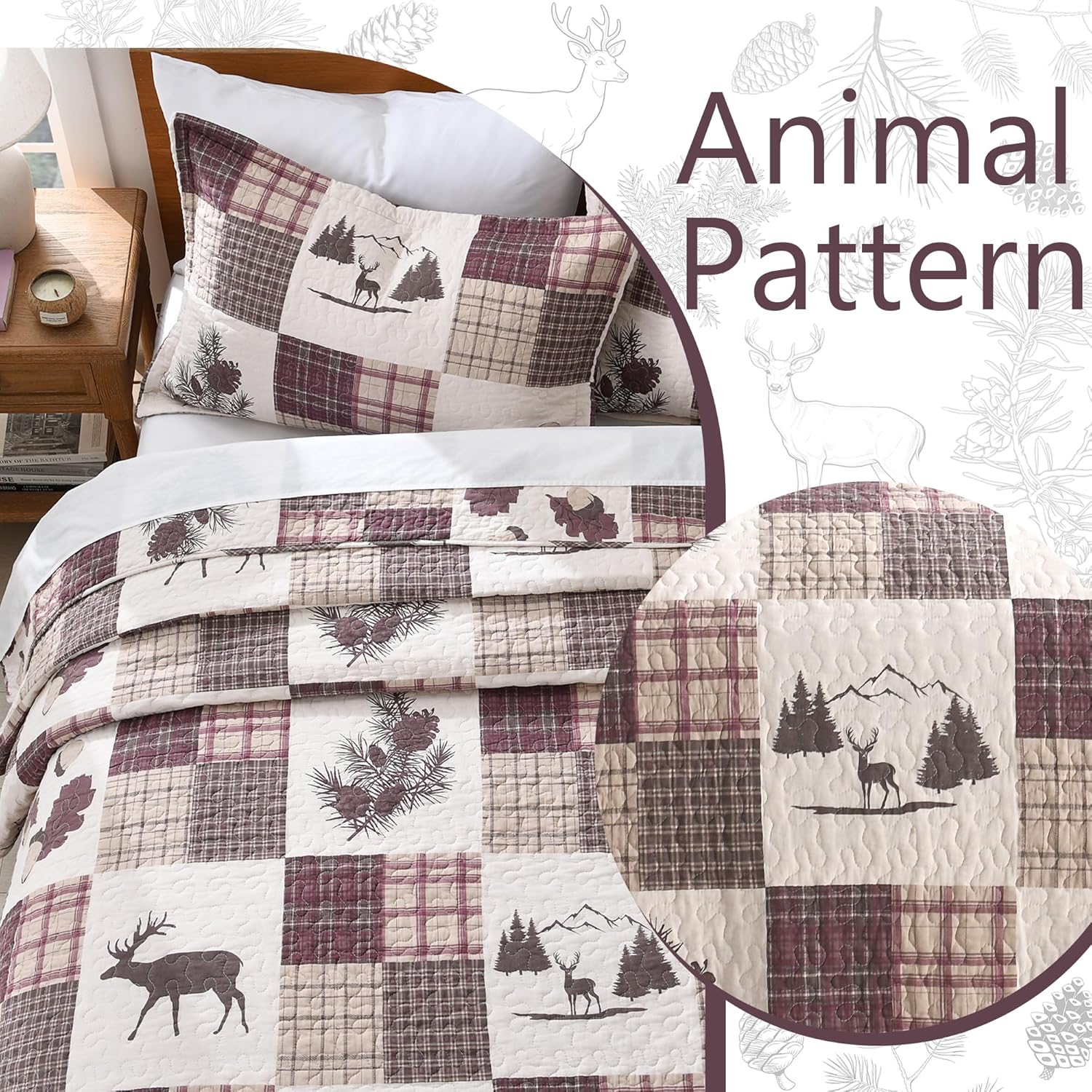 Rustic Deer Quilt Set King Size - 100% Cotton Red and White Patchwork Quilt Bedding Set, Cabin Lodge Lightweight Bedspread, 3-Piece, Burgundy Red & White