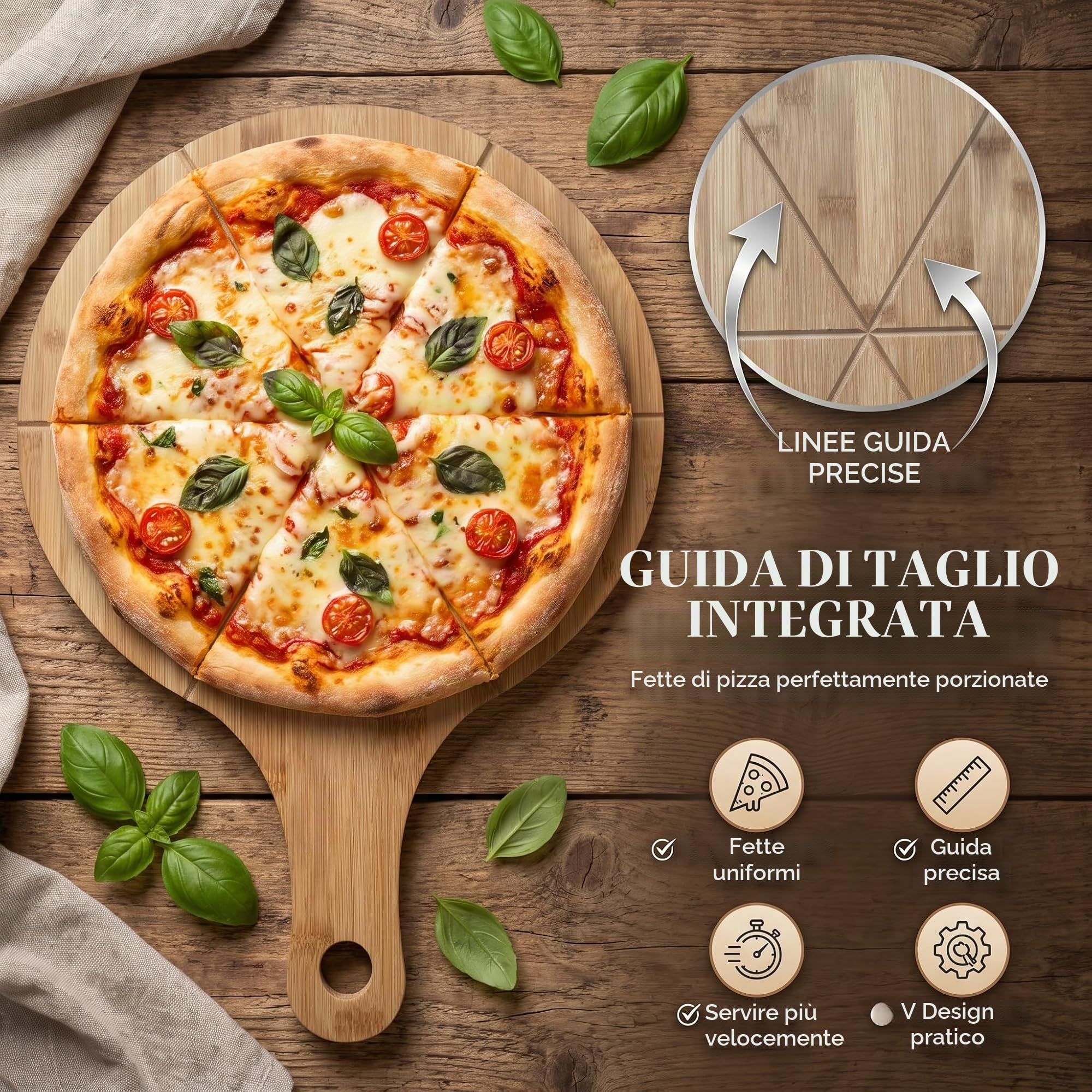 hausleben Piatto per pizza in legno da 33 cm (set da 2 da 3 a 4 pezzi) grande con manico, piattino, tagliere per pizza rotondo, tagliere per pizza e pizza (set da 6)
