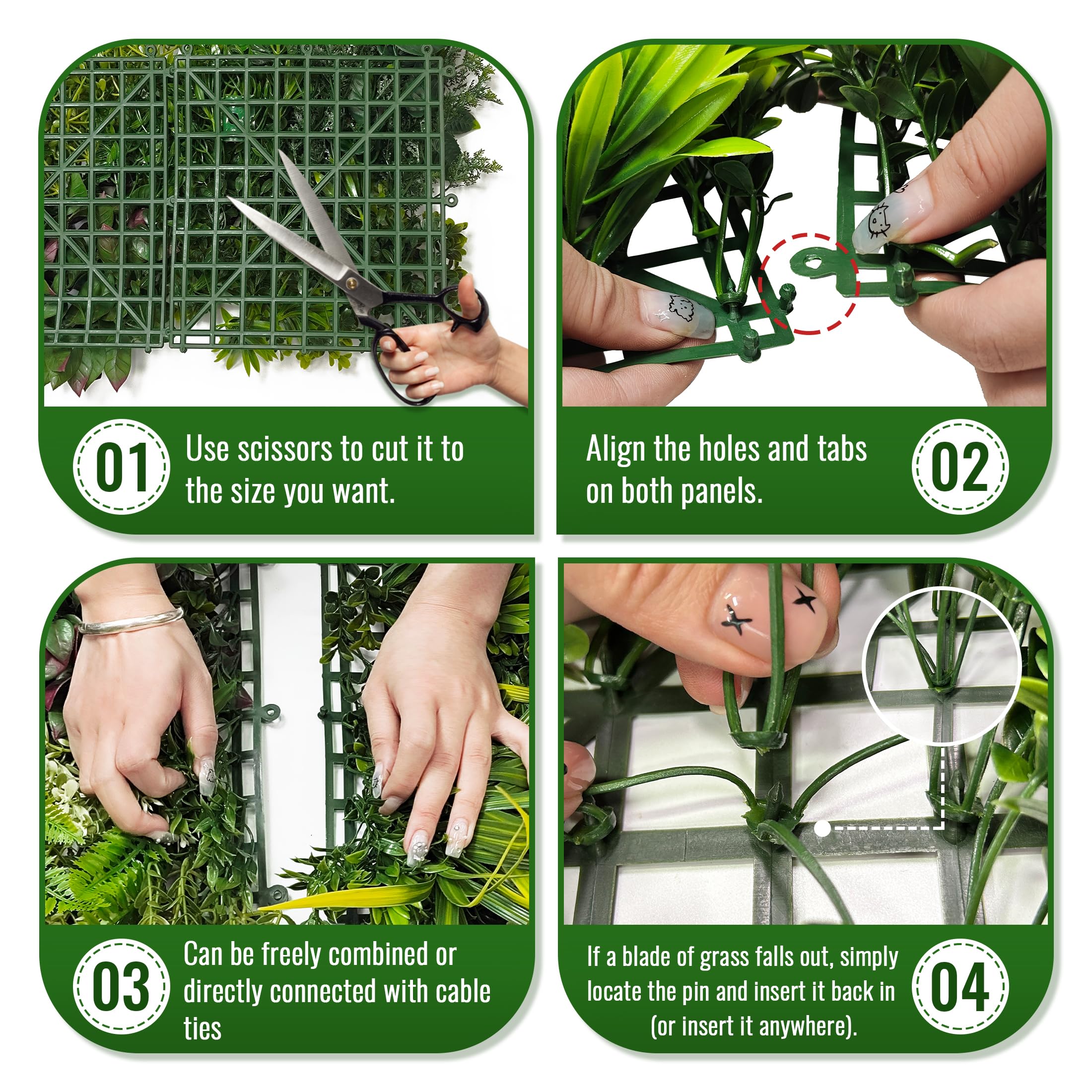 ODTORY Paneles de pared para plantas, 40 x 20 pulgadas, telón de fondo de pared de césped artificial, pantalla de privacidad con protección UV, pantalla de valla de seto de hojas verdes falsas para
