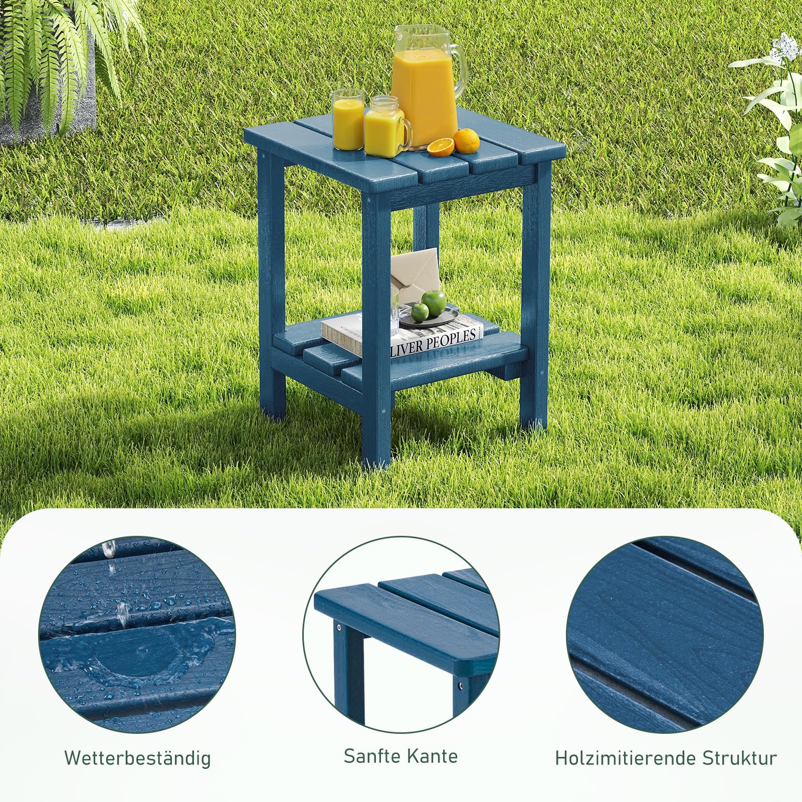 Adirondack Quadratischer Robuster 2-stufiger Beistelltisch aus verstärkter HDPE, Balkontisch & Außentisch für Terrasse, Garten, Pool, Wetterfester Kleiner Tisch (Blau)