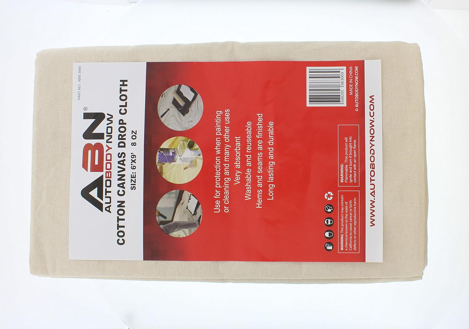 ABN Painters Cotton Canvas Paint Drop Cloth, Medium 6 x 9ft – Protective White Tarp for Painting, Auto, Furniture