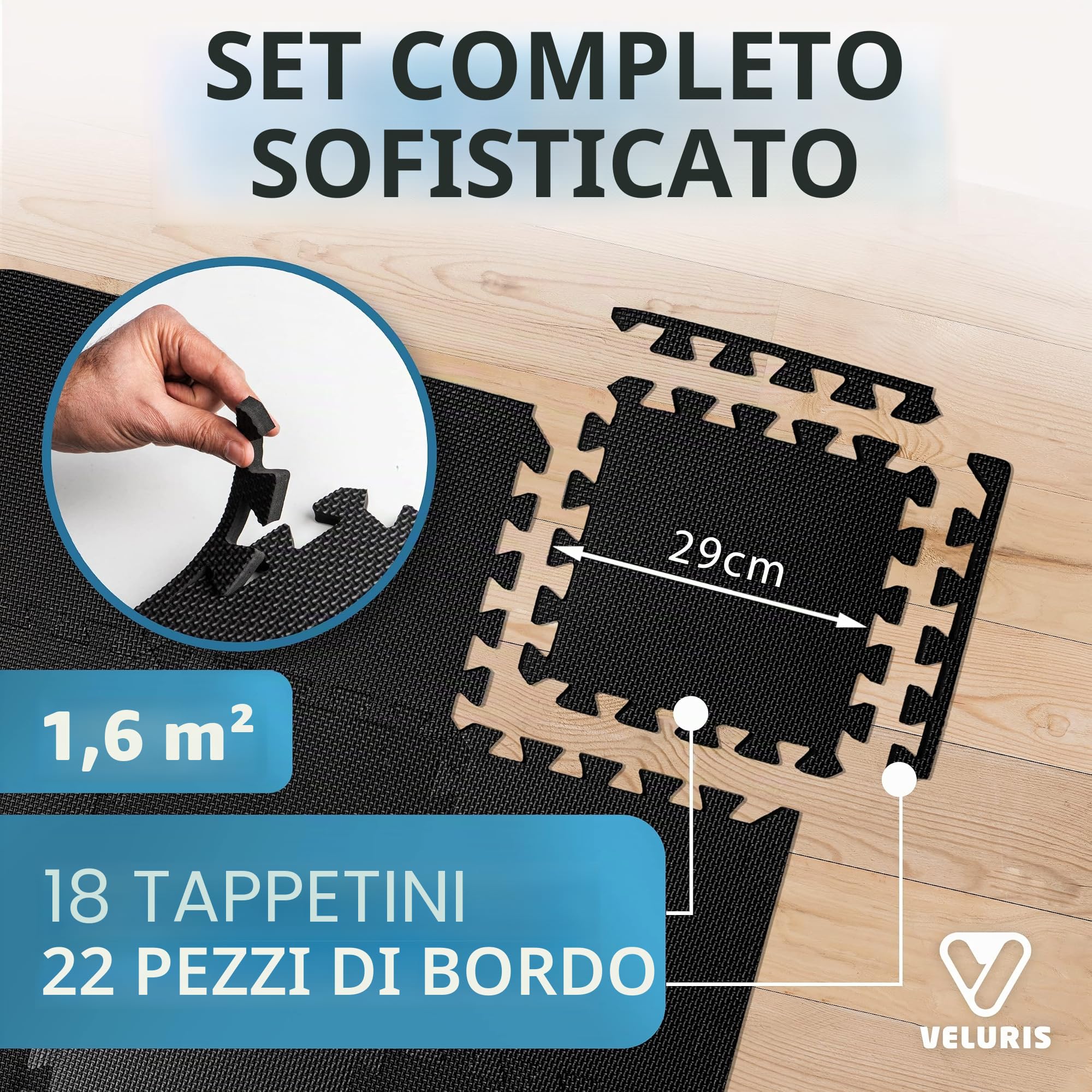 Veluris Tappetino protettivo per pavimento [31 x 31 cm] - 18 tappetini extra spessi [20% di protezione in più] - Tappetino protettivo antiscivolo per palestra, fitness, pavimento sportivo, tappetino