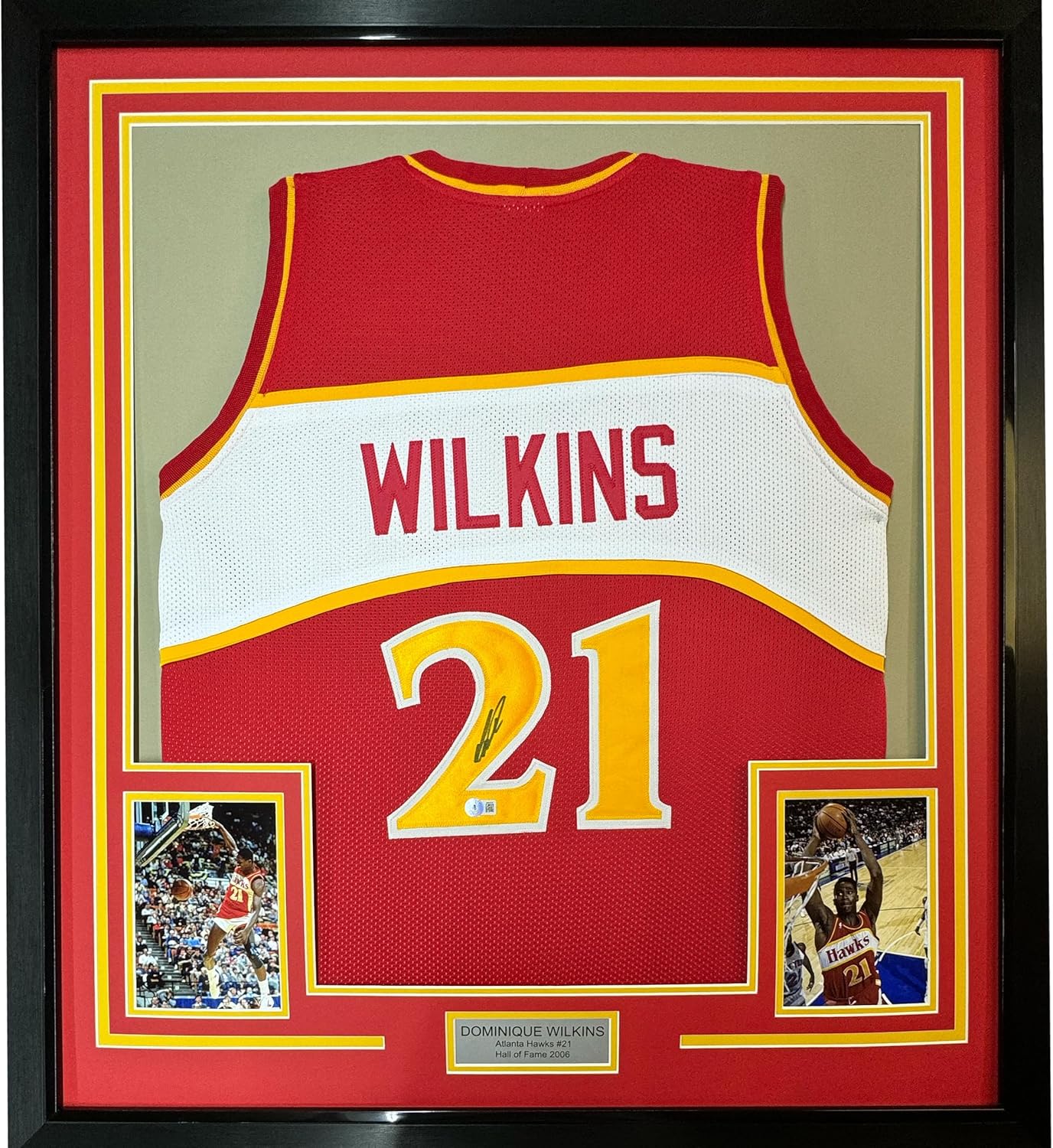 Framed Autographed/Signed Dominique Wilkins 33x42 Atlanta Red Basketball Jersey PSA/DNA COA