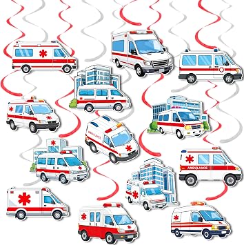 20pcs Ambulance Emergency Vehicle Hanging Swirls Double-Sided Hospital Building Decorations for EMT Paramedic Graduation First Responder Kids Birthday Party
