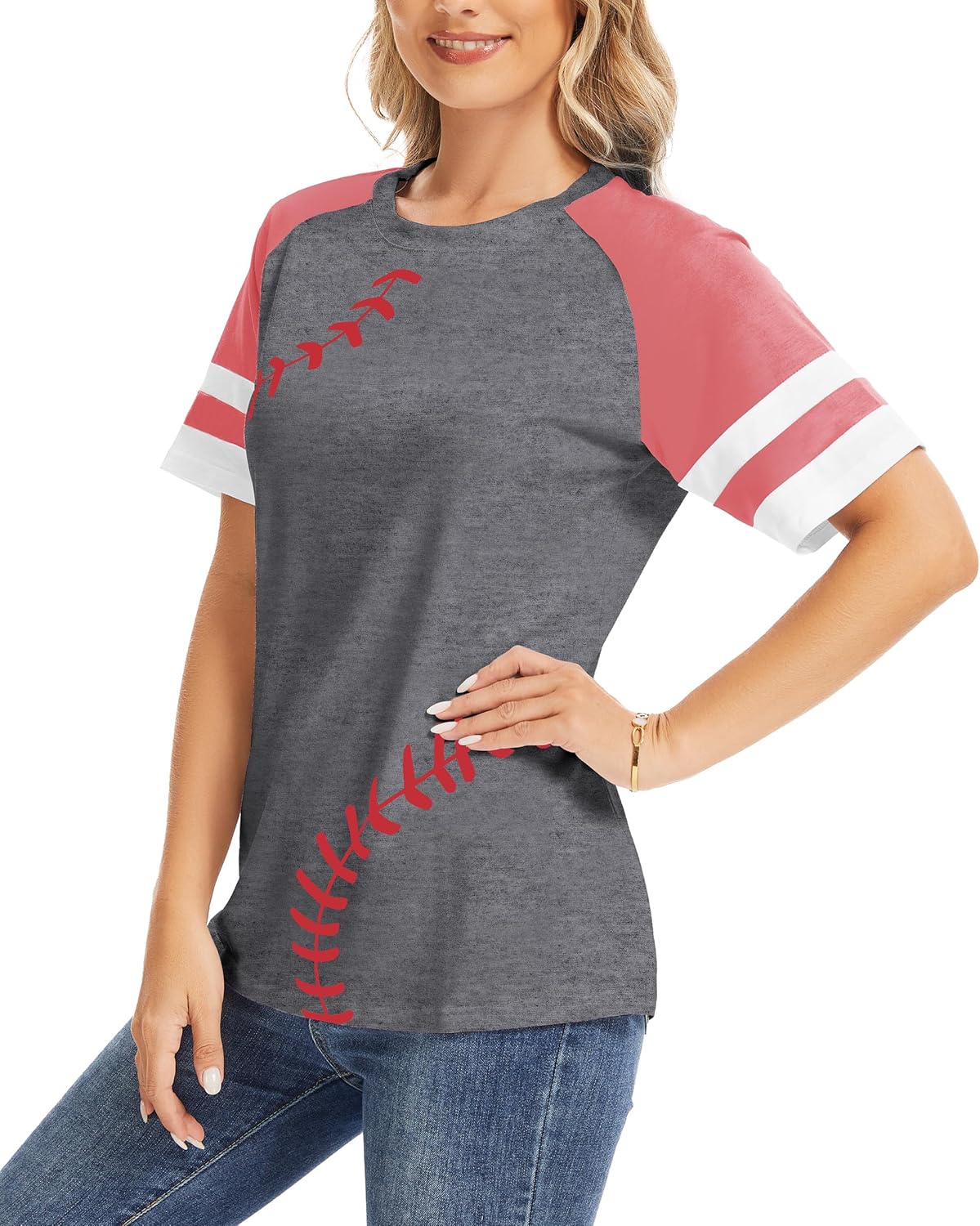 ETATNG Baseball Mom Shirt for Womens Raglan Shirt Short Sleeve Crewneck Patchwork Workout Baseball Tees - Image 4