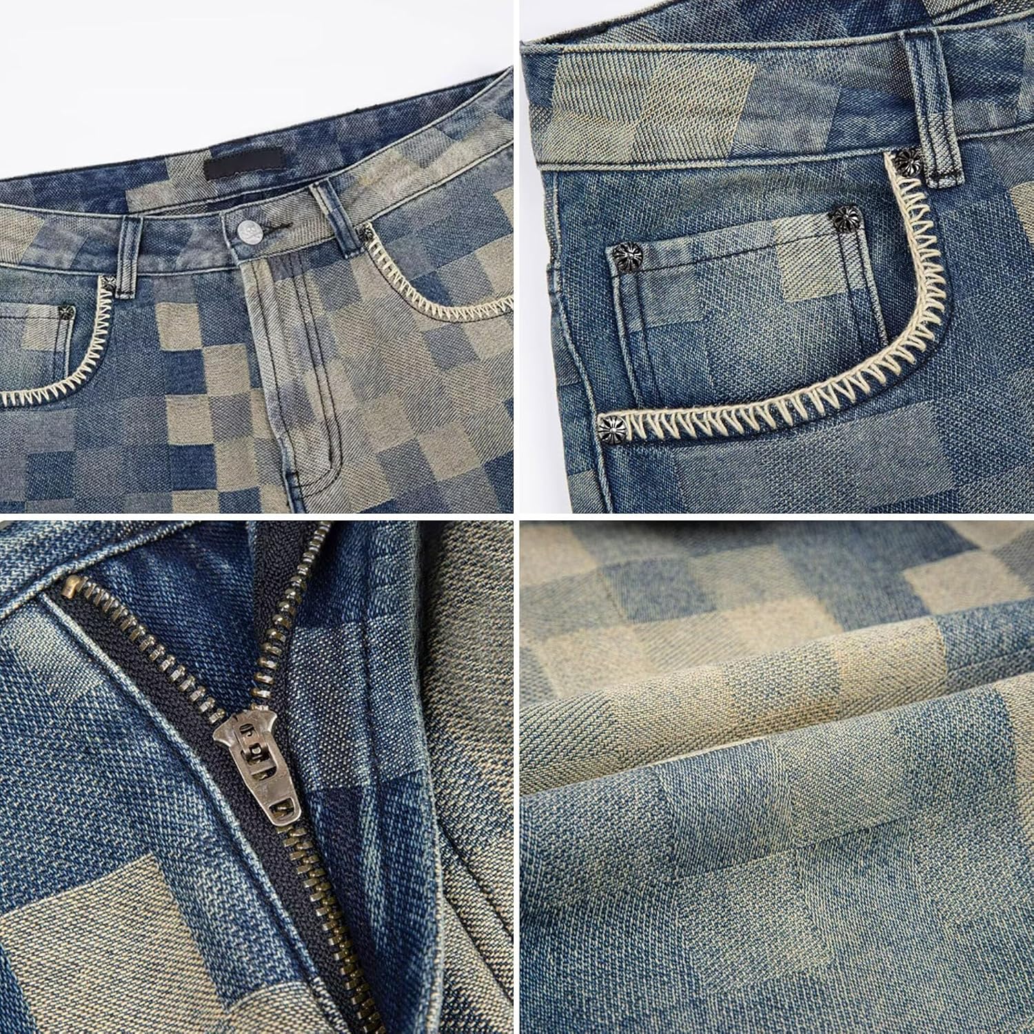 DGHM-JLMY Men's Checkerboard Straight Leg Jeans Mosaic Pattern Baggy Denim Pants Loose Fit Wide Leg Blue Trousers